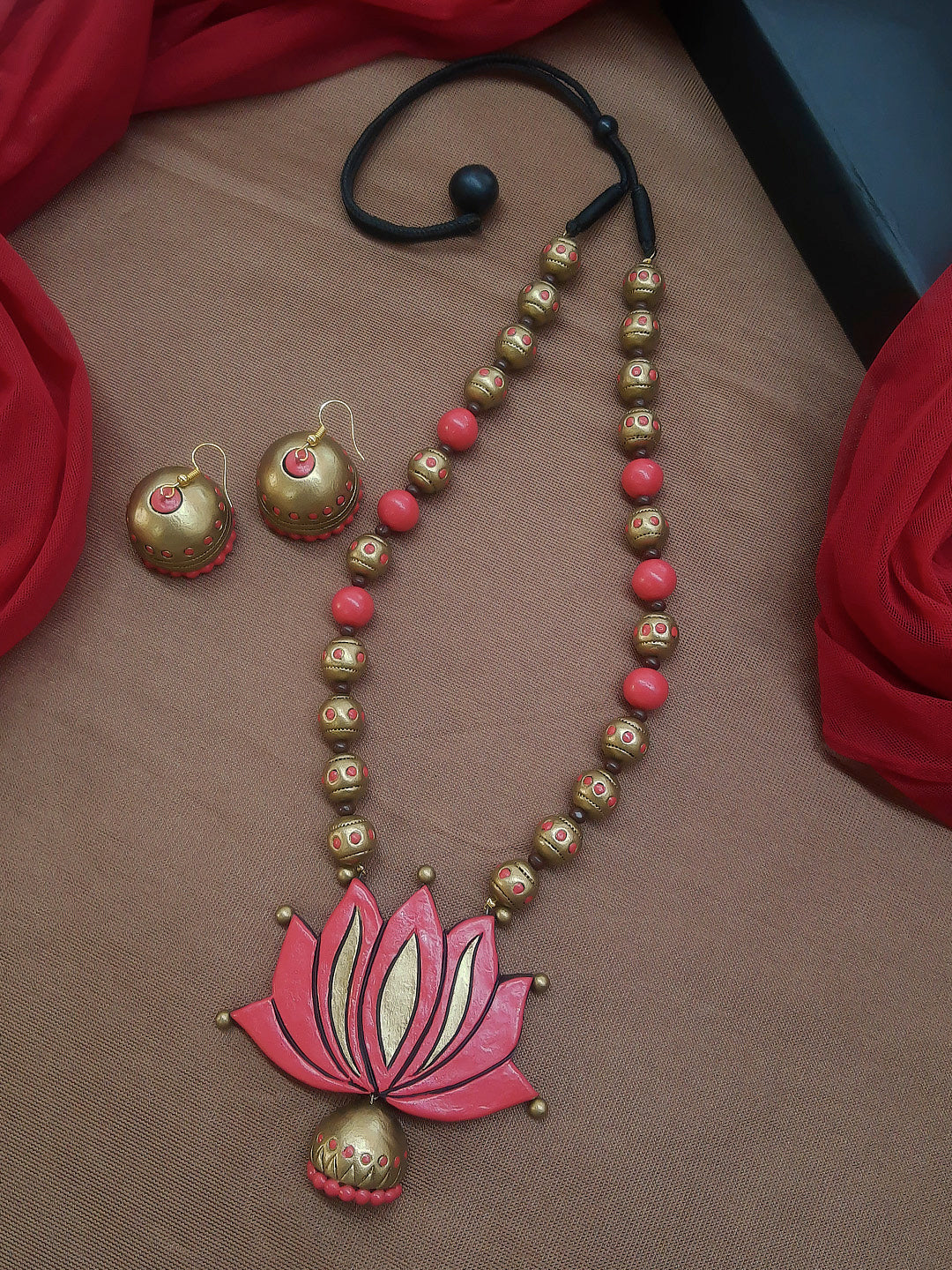 Lotus Design Hand Painted Terracotta Jewellery Set