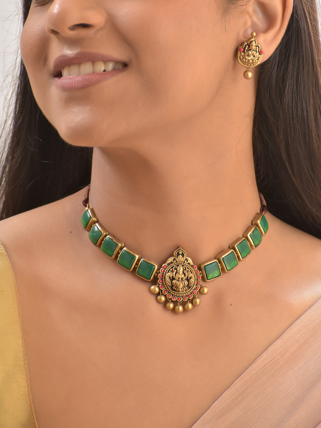 Terracotta Dark Green Square Stone Choker Necklace with Lakshmi Goddess Pendant & Earrings