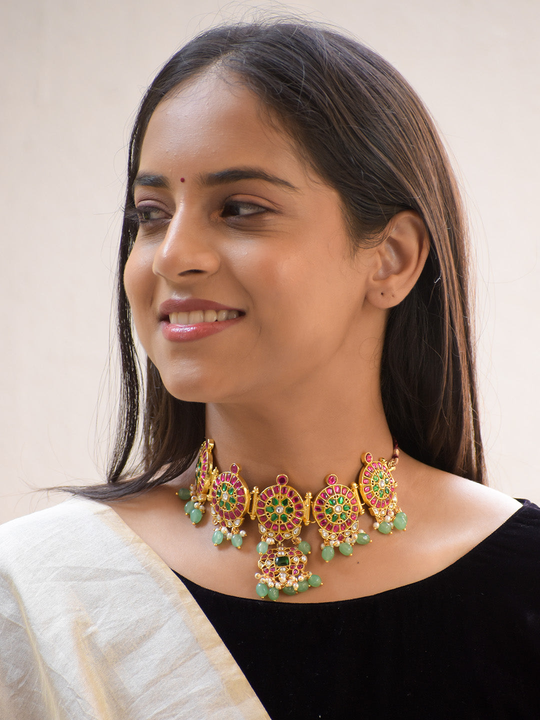 Premium Crafted 18K Gold Plated Jadau Kundan Choker with Polki, Agate, and Pearl Drops