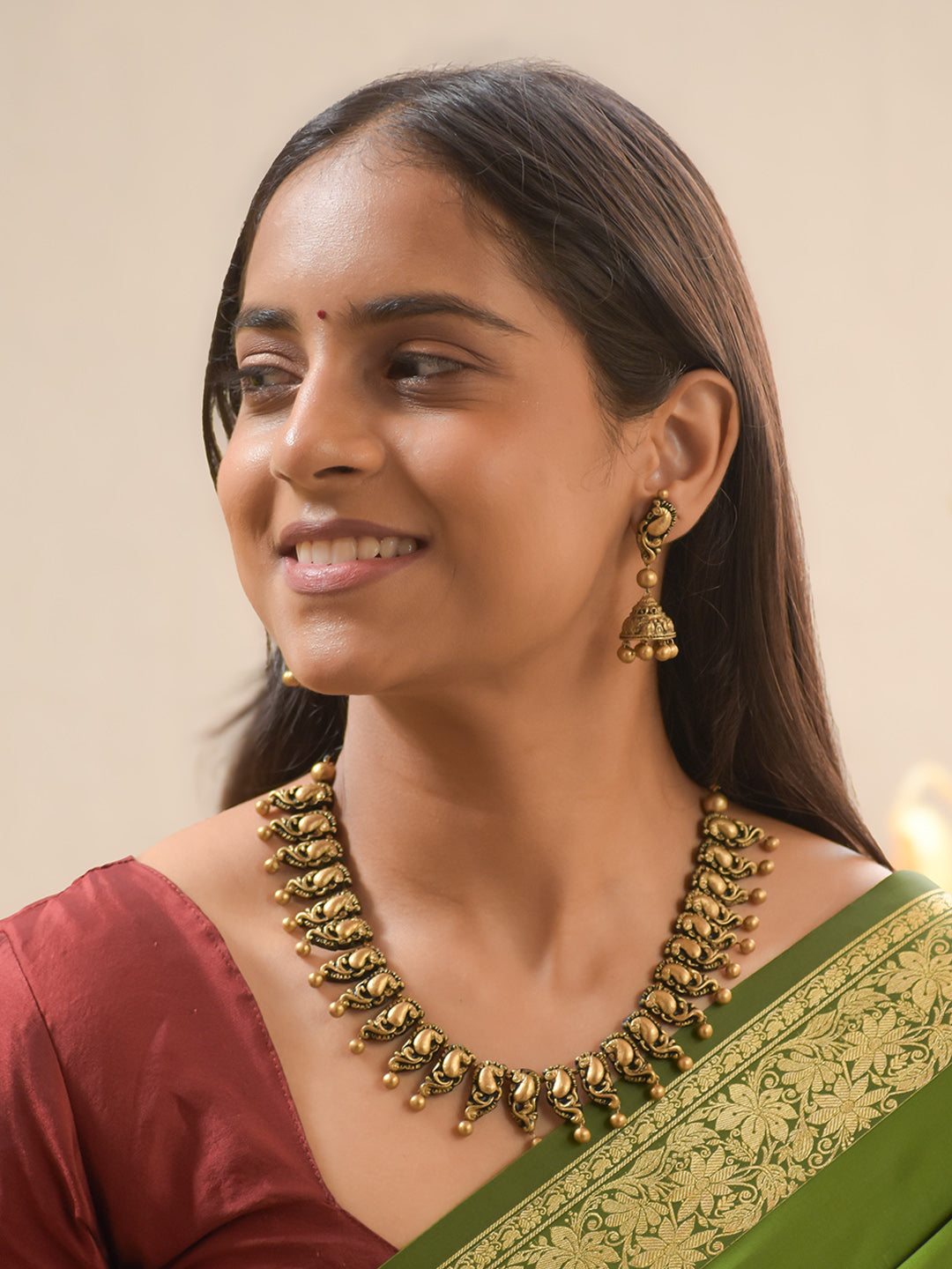 Antique Gold Peacock Design Handmade Terracotta Necklace Set