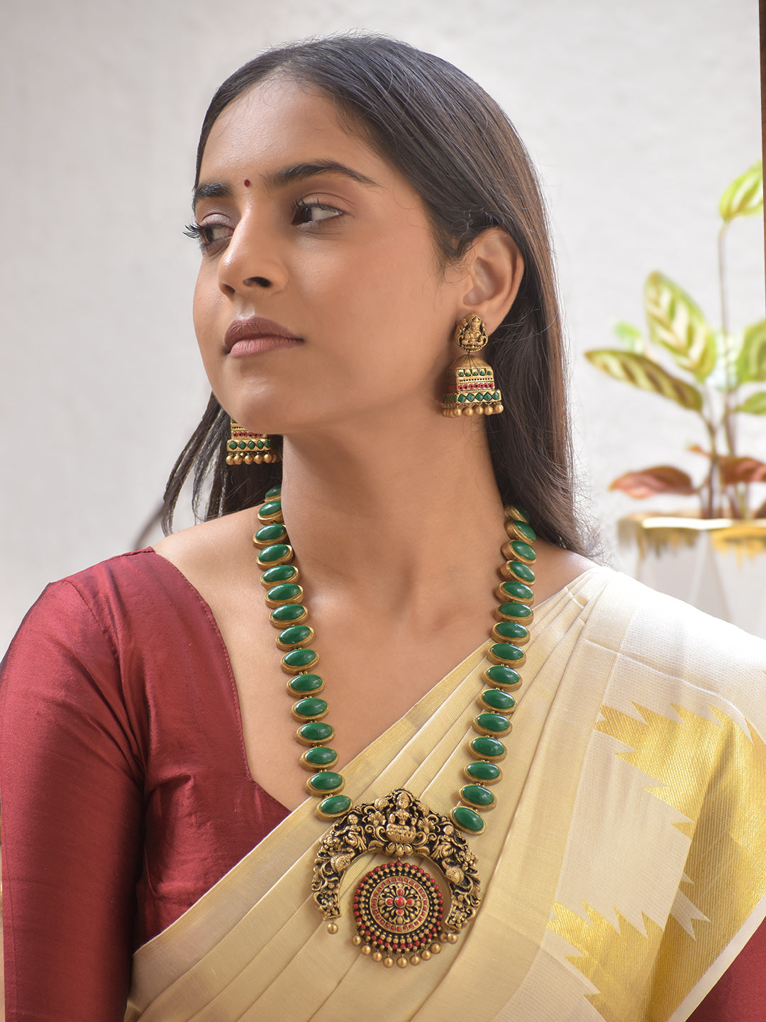 Terracotta Green Beaded Necklace Set with Temple Lakshmi Motif Pendant