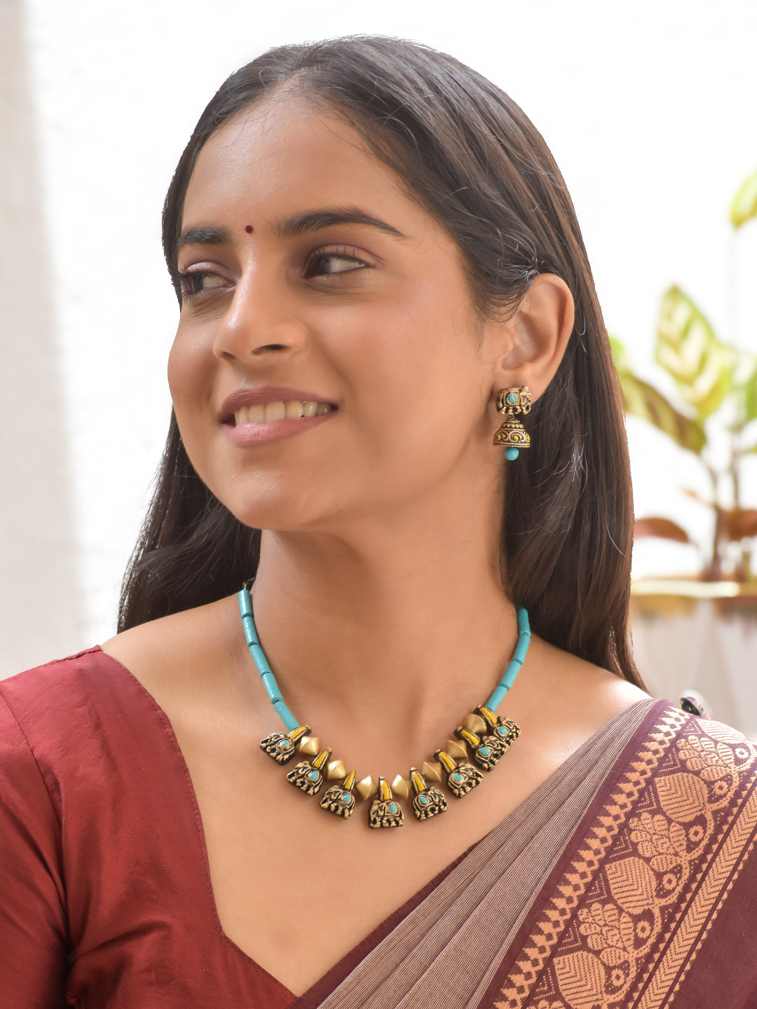 Terracotta Cylindrical Beaded Necklace with Gold Floral Motifs & Matching Earrings