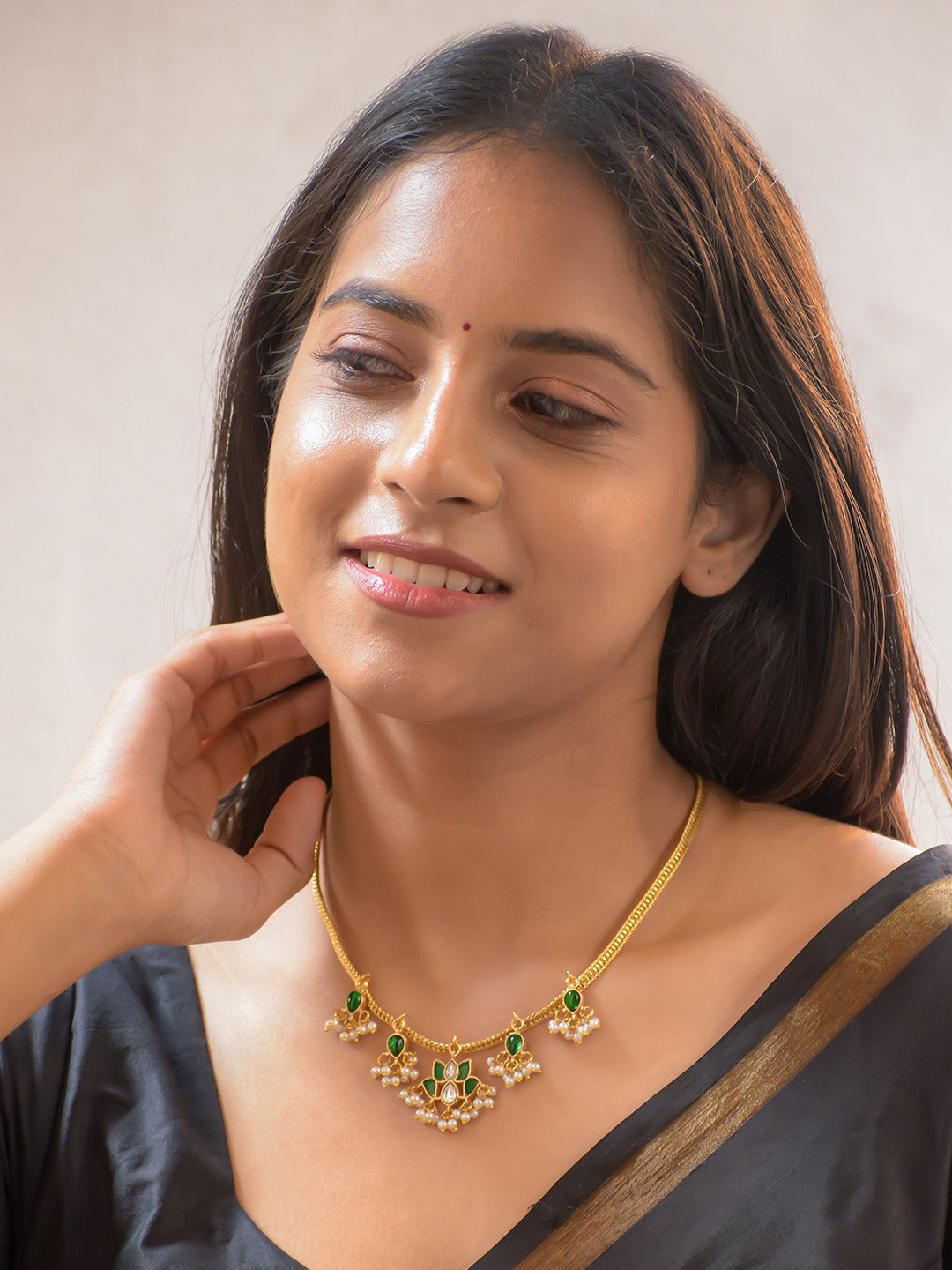 Premium Gold-Plated Lotus Jadau Kundan Necklace with Green Accents and Pearls