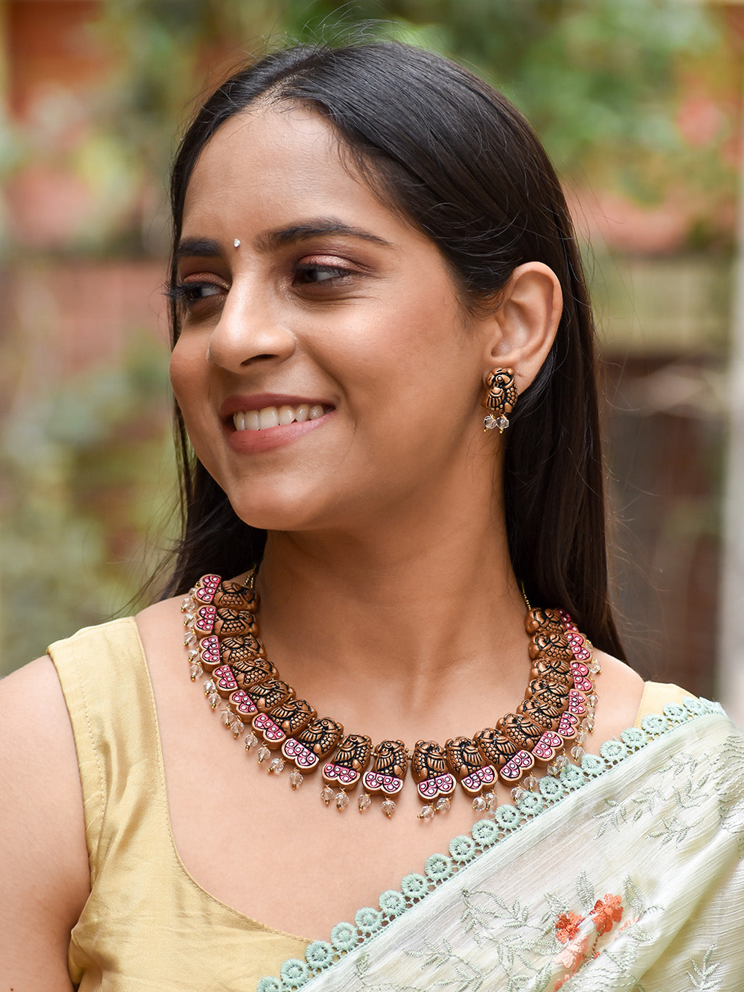 Beautifully Handcrafted Floral Terracotta Jewellery Set in Gold & Shades of Pink
