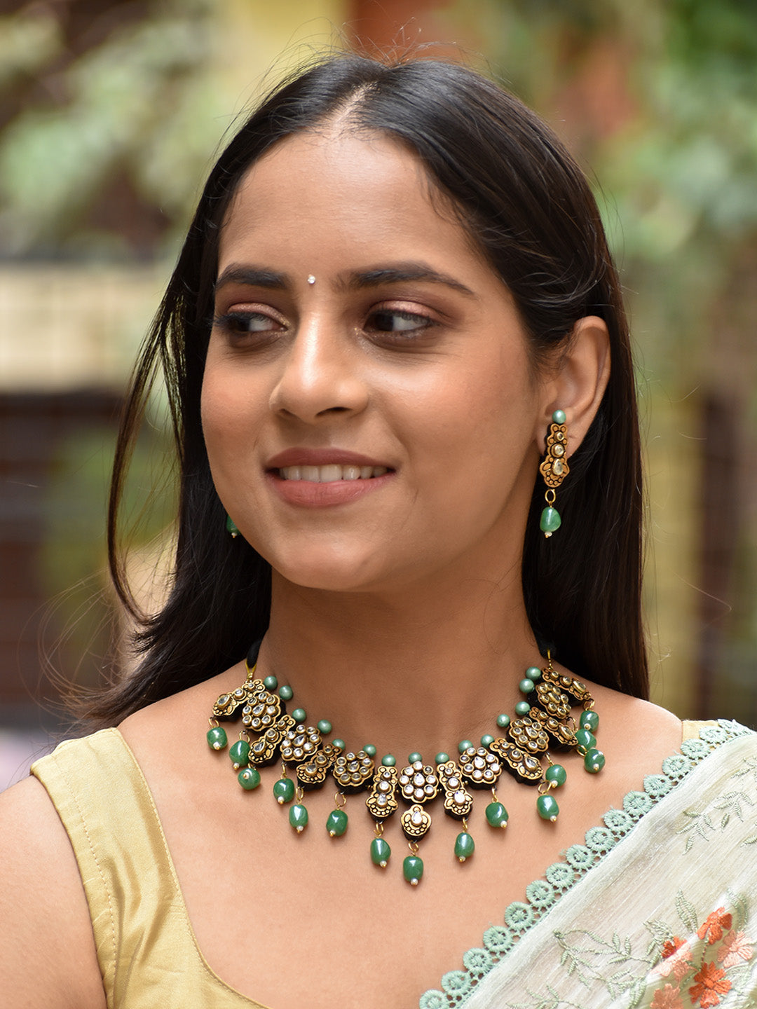 Beautifully Handcrafted Floral Terracotta Jewellery Set in Gold & Green with Kundan Stones