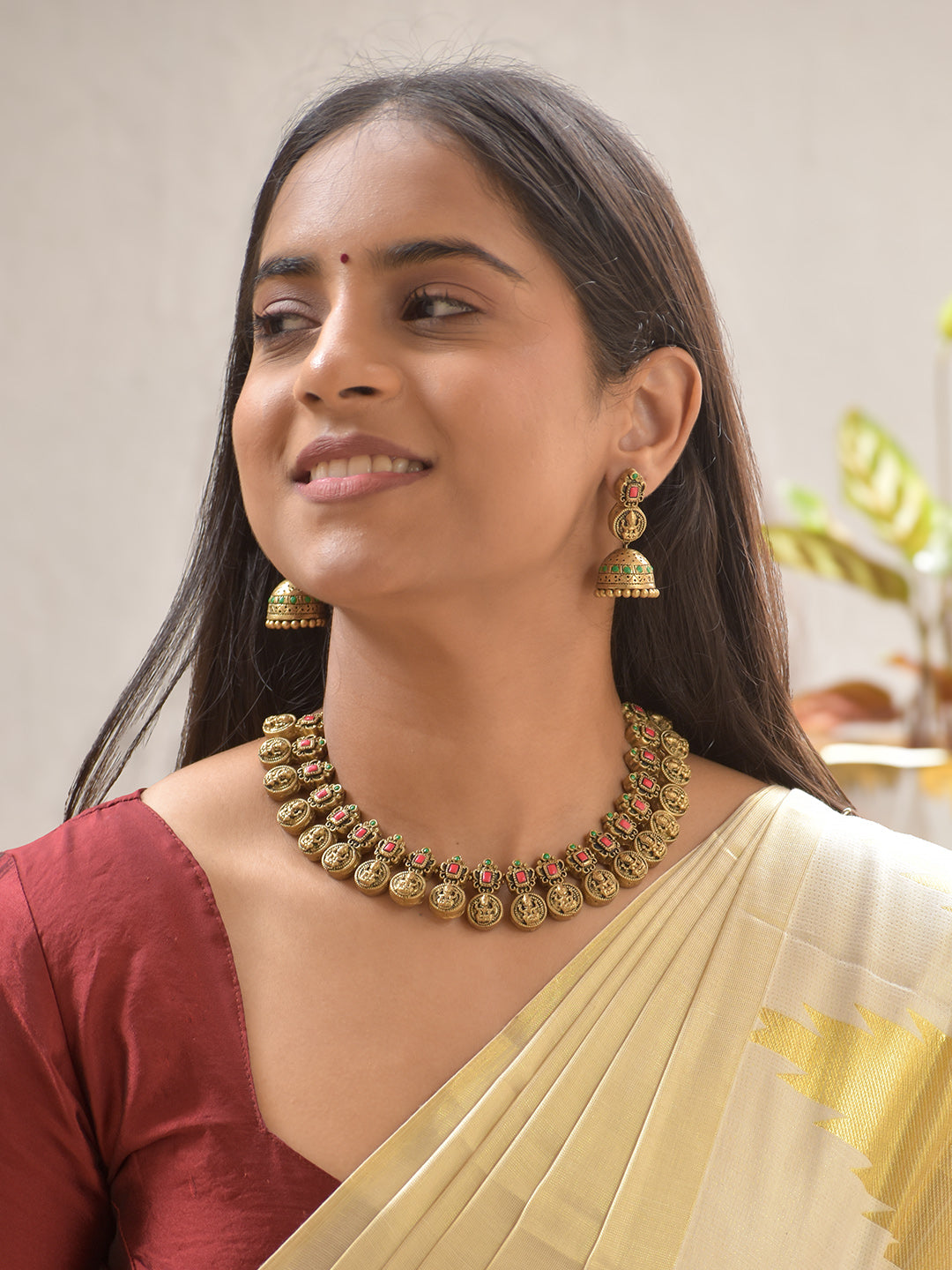 Terracotta Lakshmi Coin Necklace Set with Antique Finish and Ruby-Green Accents