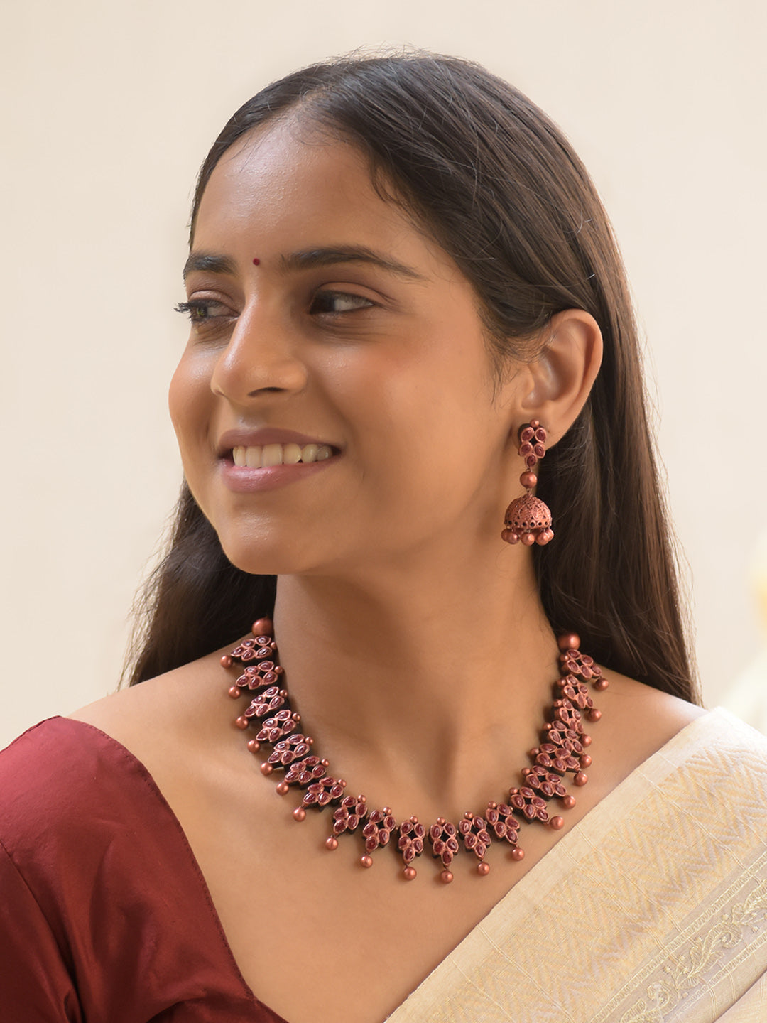 Copper Finish Leaf Design Handmade Terracotta Necklace Set