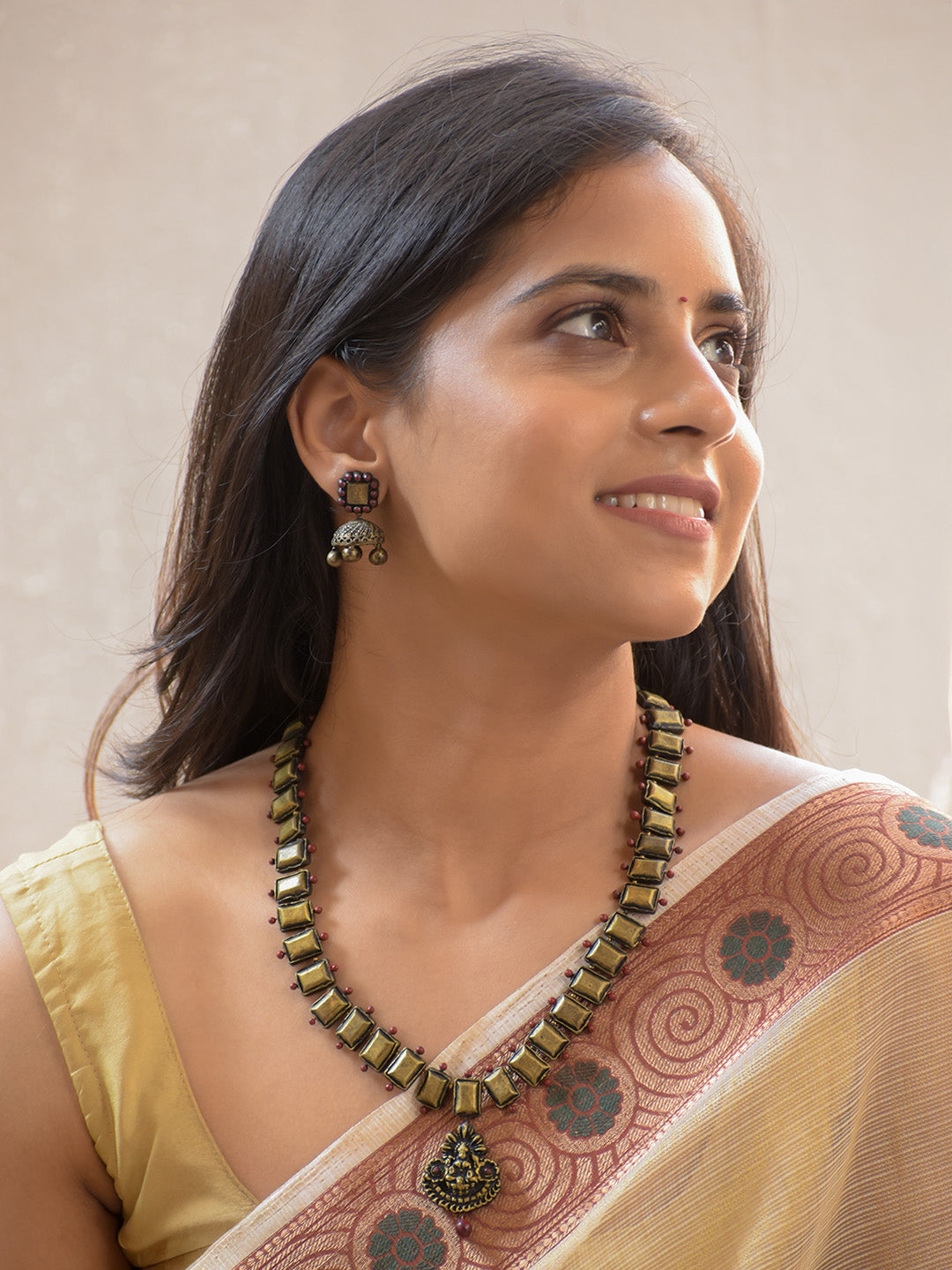 Handcrafted Antique Gold-Finish Kemp Necklace Set with Traditional Lakshmi Pendant and Jhumka Earrings