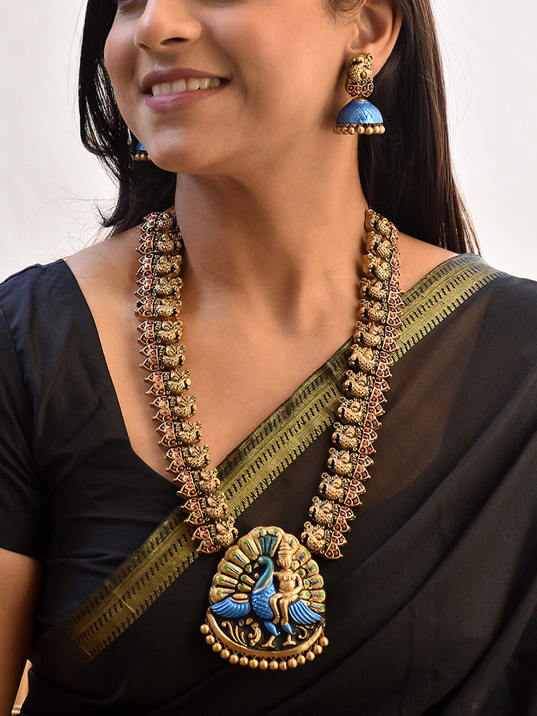 Beautifully Handcrafted Lord Subramanya Peacock Design Terracotta Jewellery Set in Royal Blue & Antique Gold