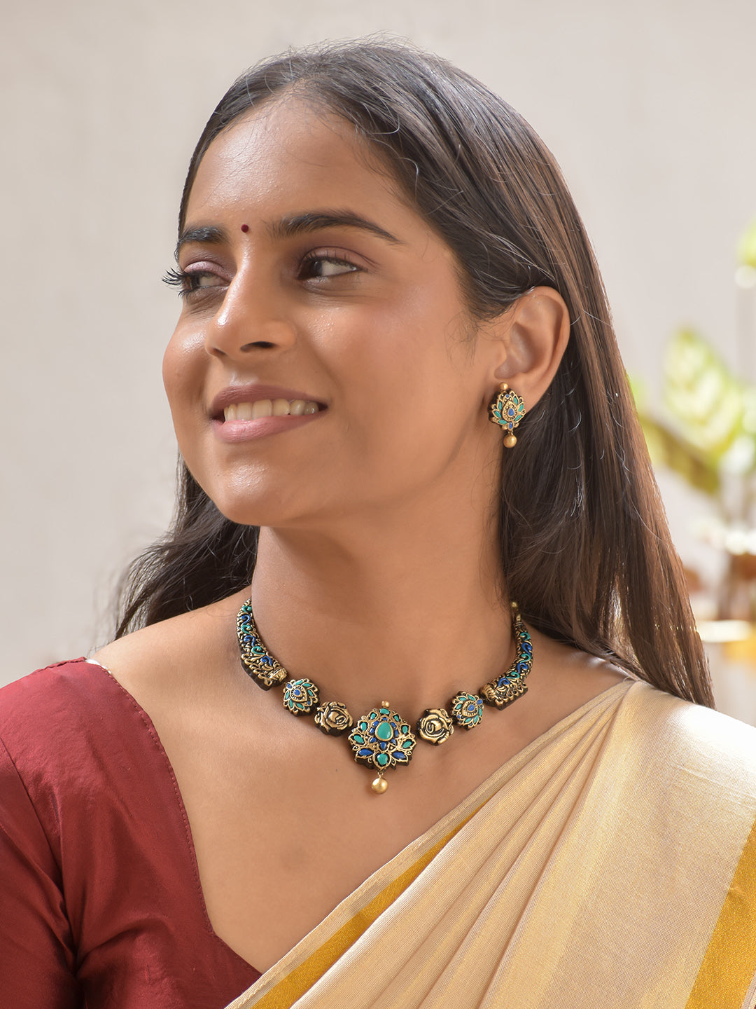 Terracotta Floral Motif Necklace Set with Blue-Green Accents