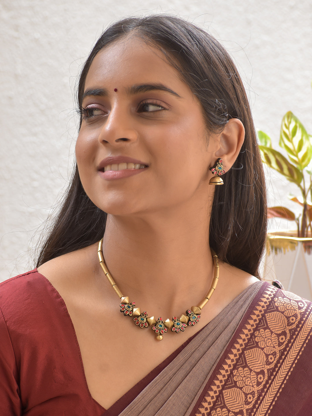 Terracotta Floral Motif Necklace Set with Golden Barrel Beads and Stud Earrings
