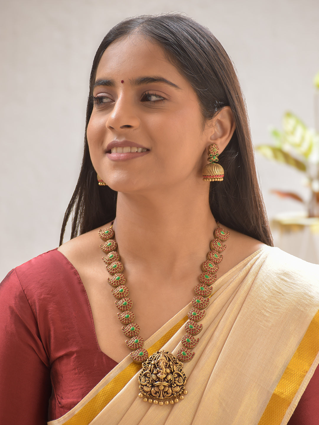 Terracotta Ganesha Pendant Necklace with Paisley Motifs and Earrings