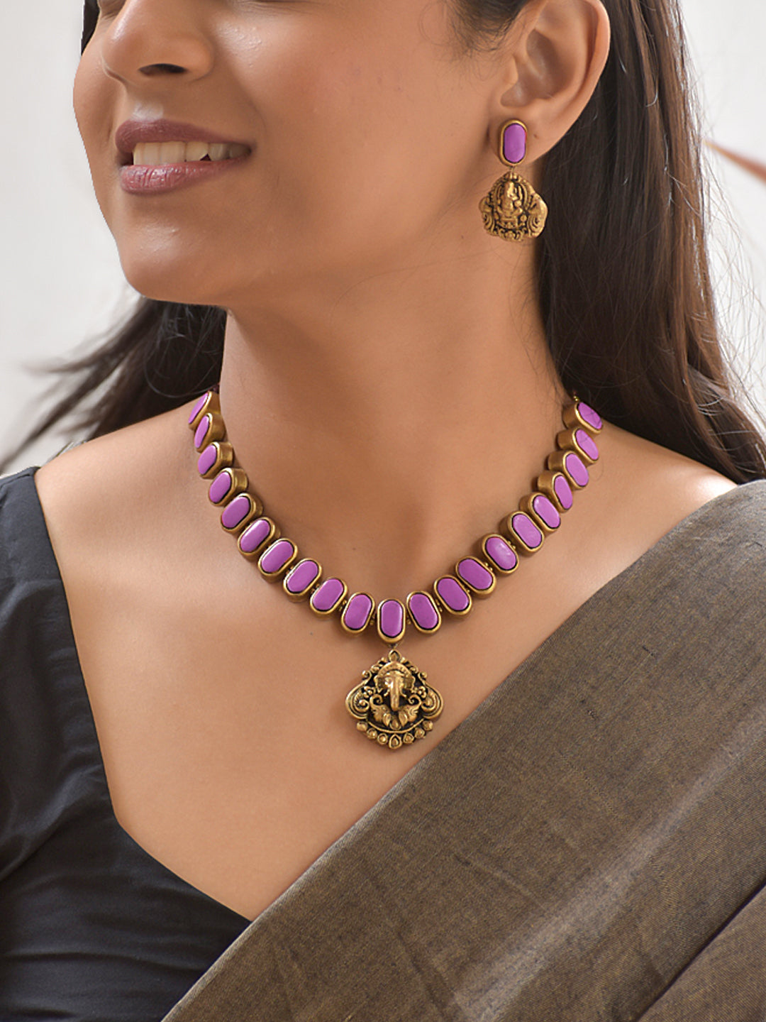 Terracotta Purple Oval Bead Necklace with Ganesha Pendant & Earrings