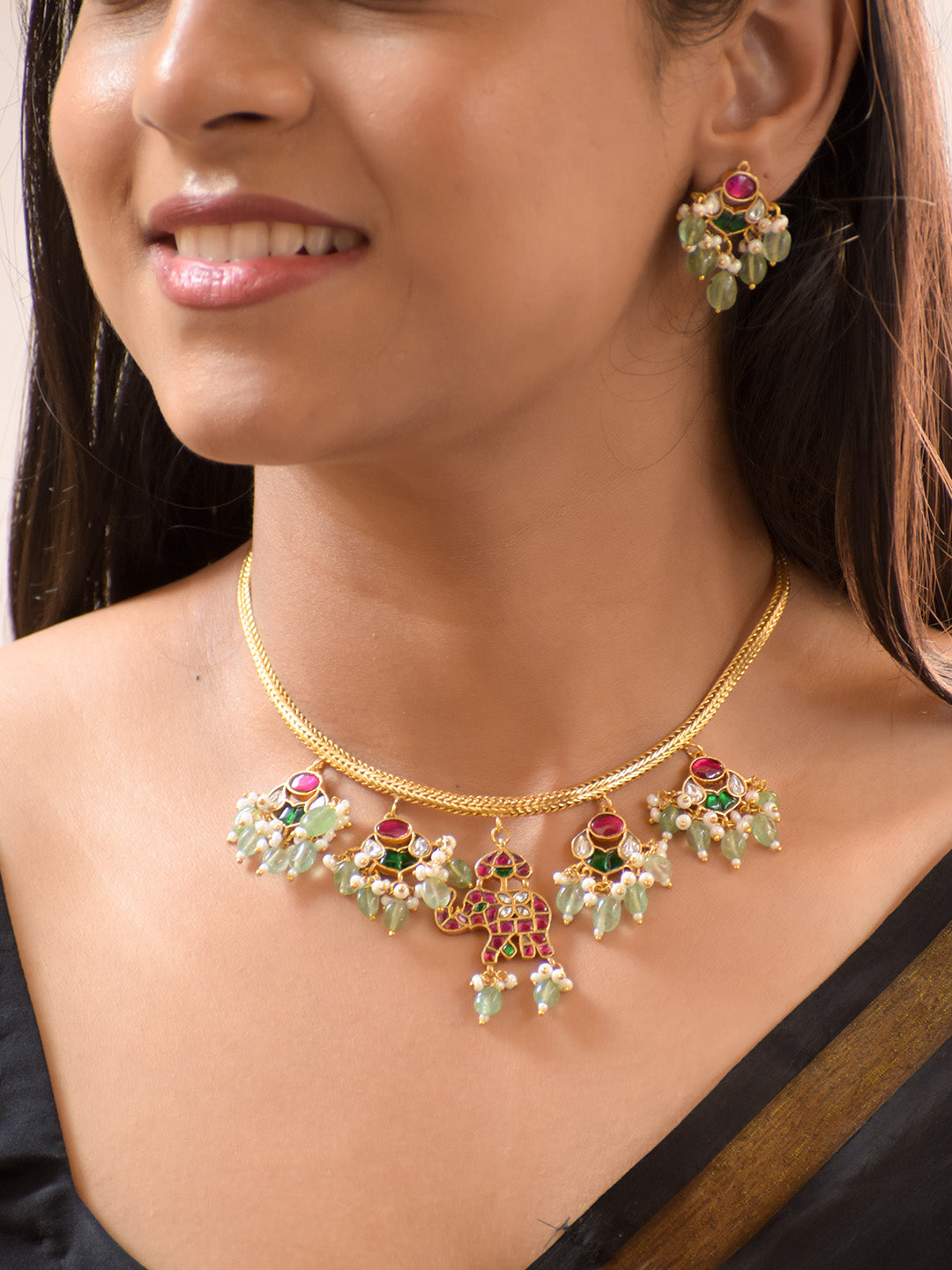 Premium Gold-Plated Jadau Elephant Motif Necklace Set with Onyx and Kundan