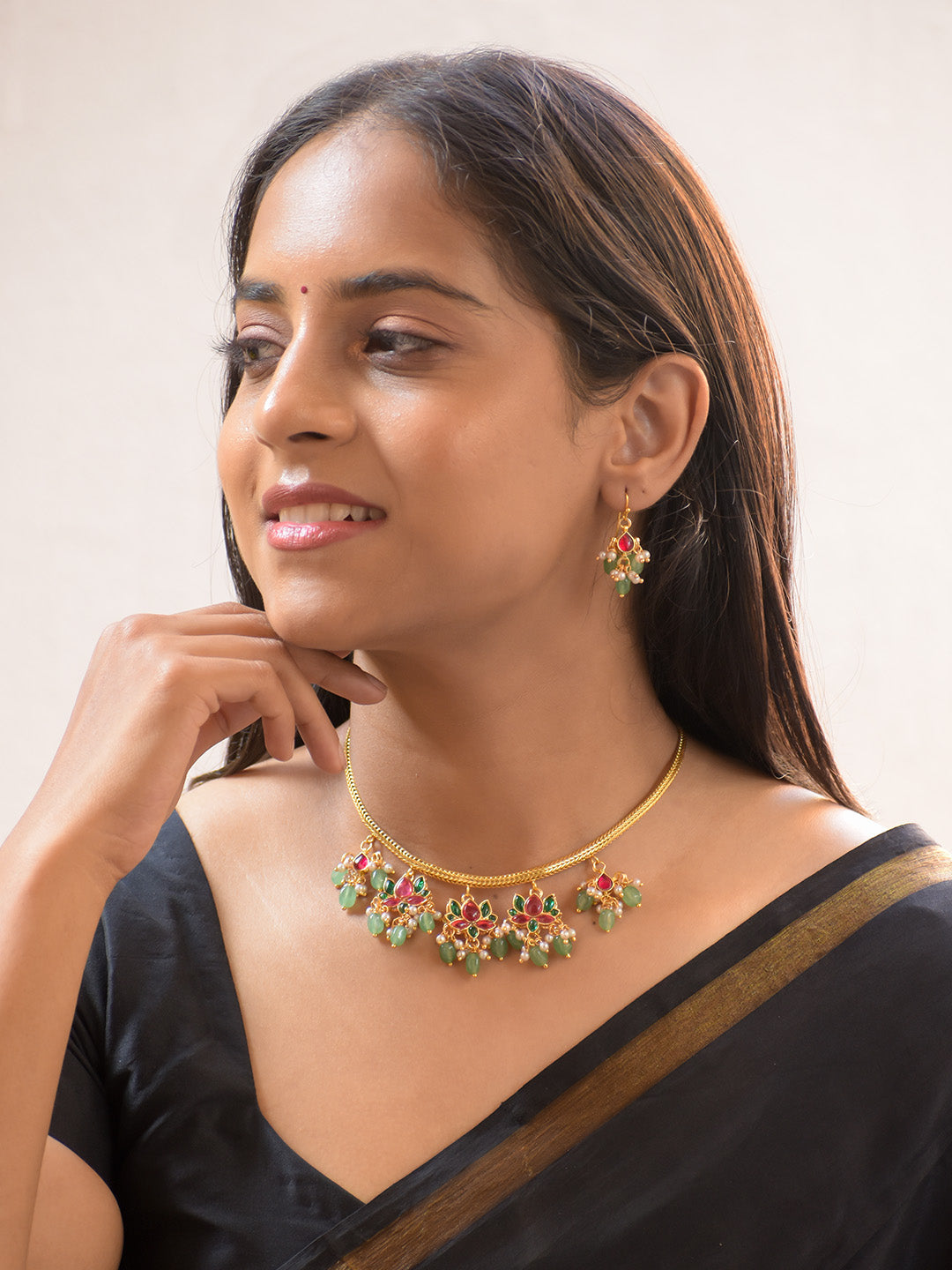 Premium Gold-Plated Lotus Motif Necklace Set with Agate, Kundan, and Pearls