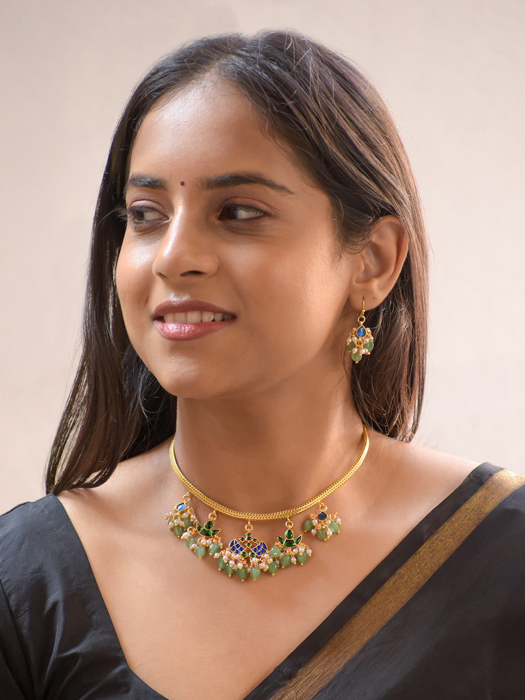 Premium Gold-Plated Jadau Kempu Motif Necklace Set with Onyx and Kundan