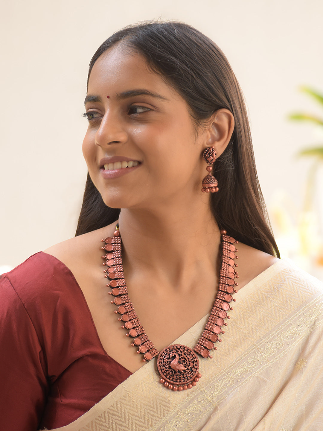 Copper Finish Peacock Coin Design Handmade Terracotta Necklace Set