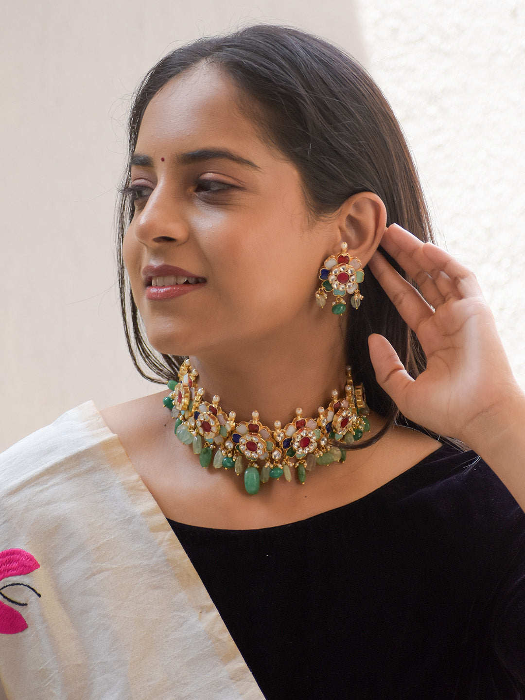 Premium Crafted 18K Gold Plated Kundan Choker Set with Colorful Gemstones and Pearl Drops