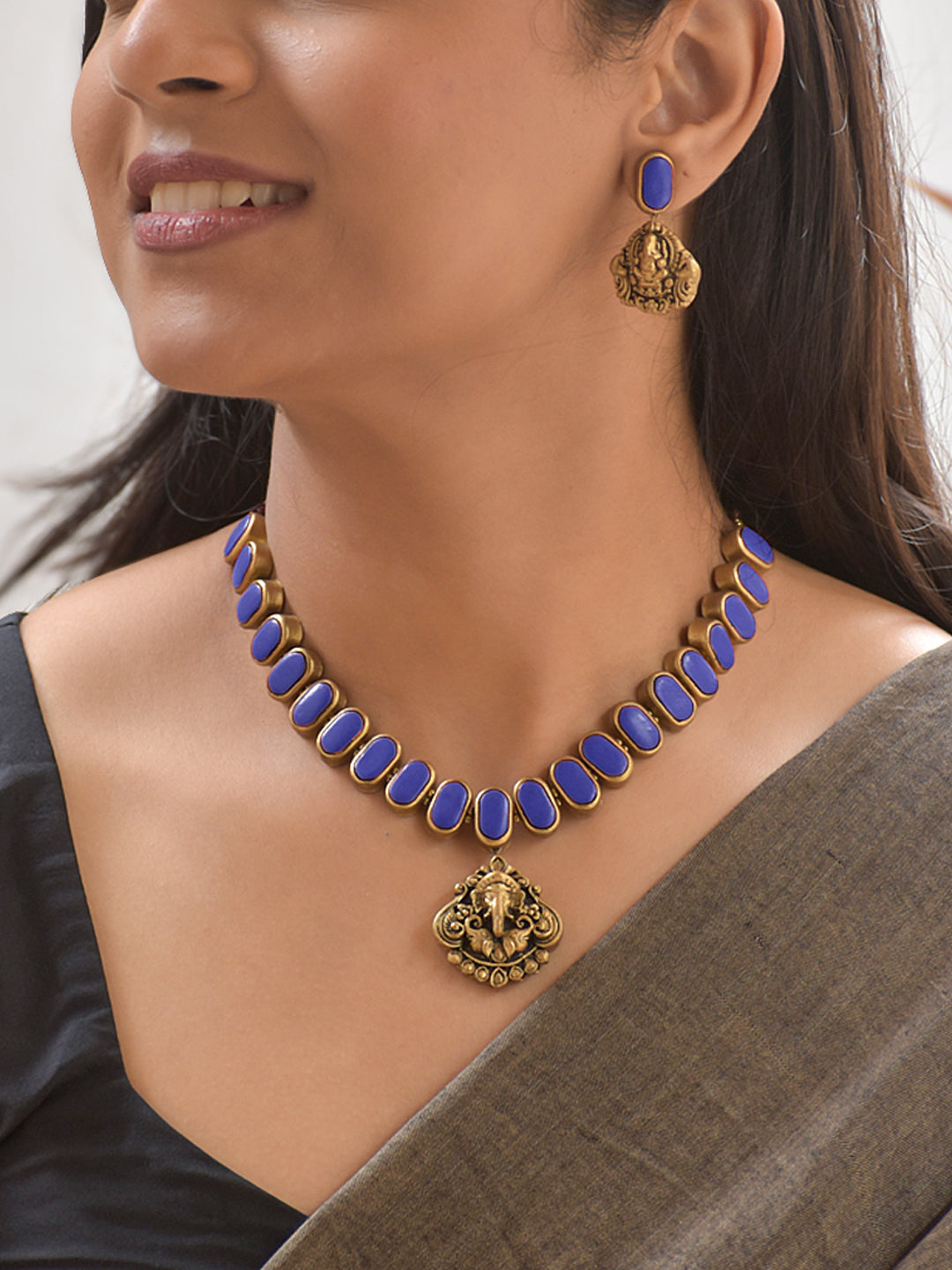 Terracotta Blue Oval Bead Necklace with Ganesha Pendant & Earrings
