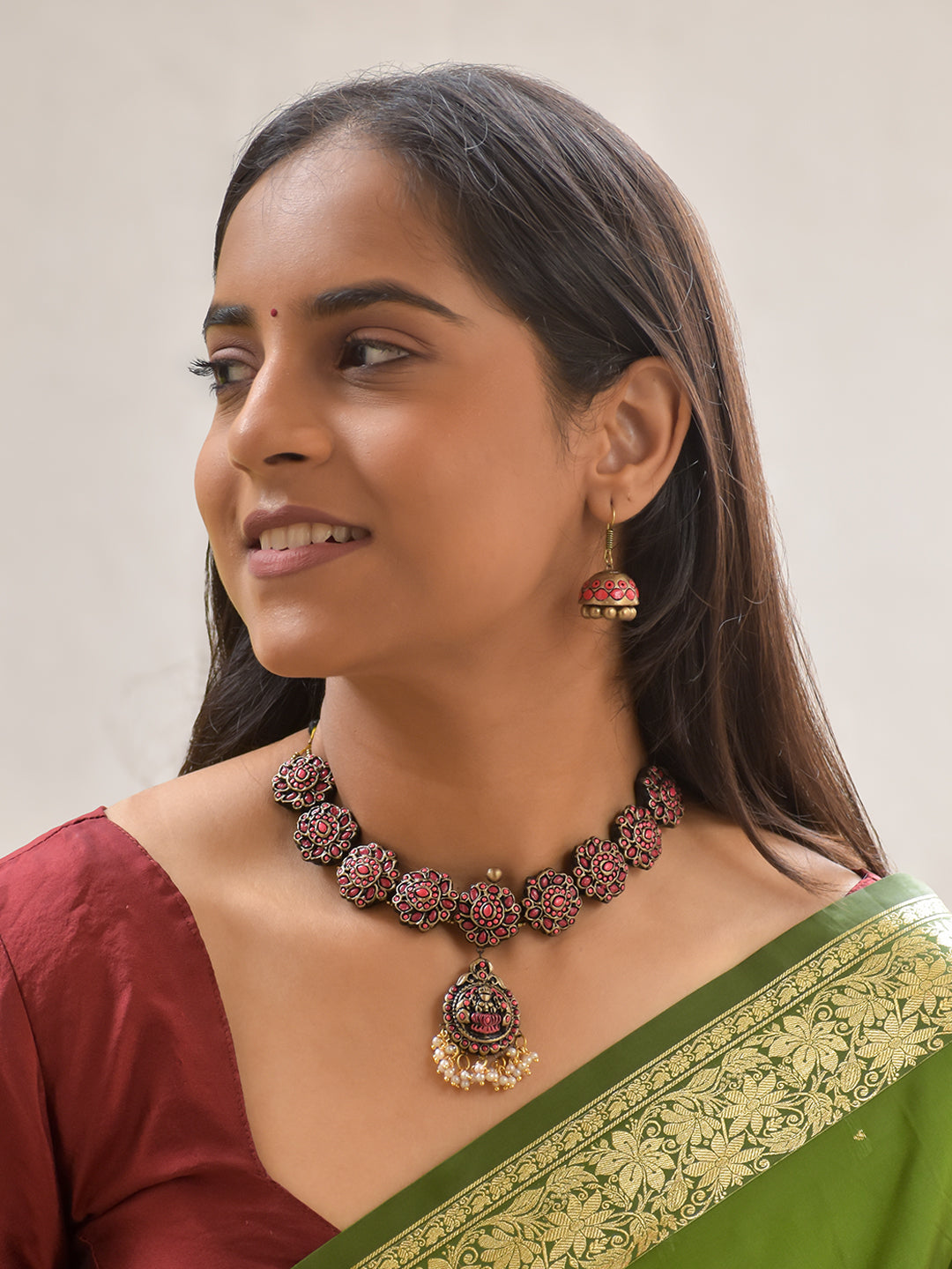 Handcrafted Terracotta Pink Floral Necklace Set with Lakshmi Pendant and Matching Jhumka Earrings
