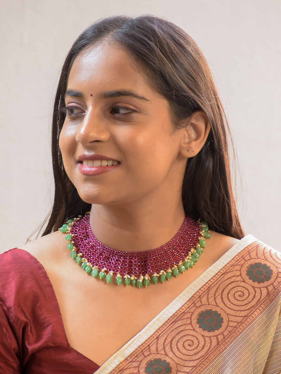 Intricate Pink Crystal Choker with Onyx and Pearls