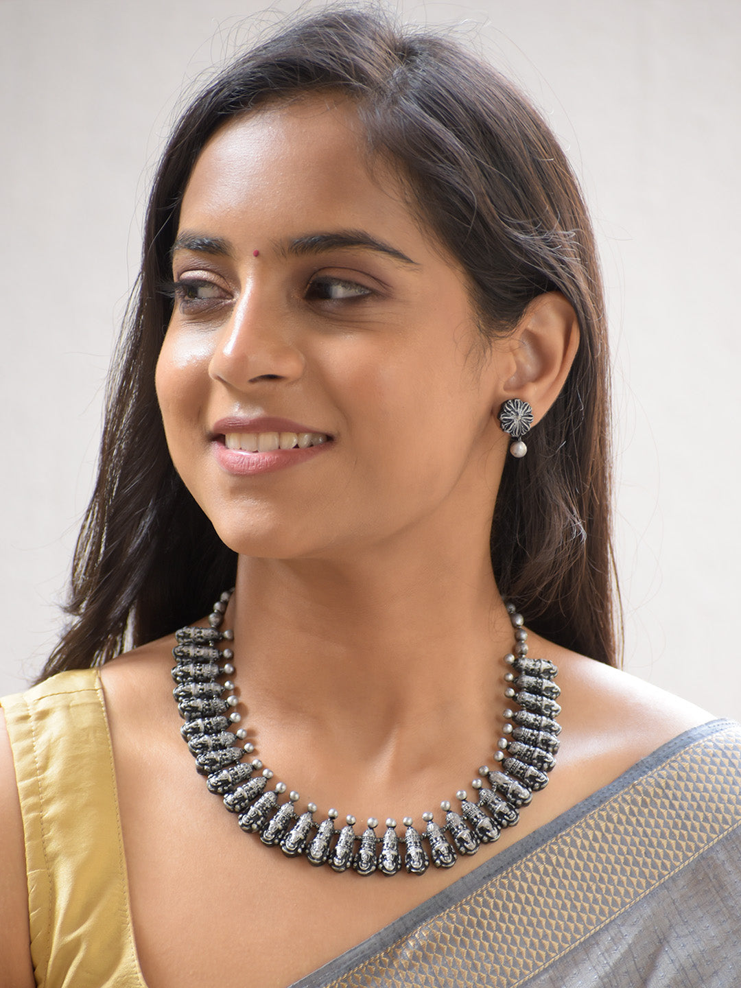 Handcrafted Silver Lord Venkateshwara Motif Temple Necklace Set with Pearl Accents