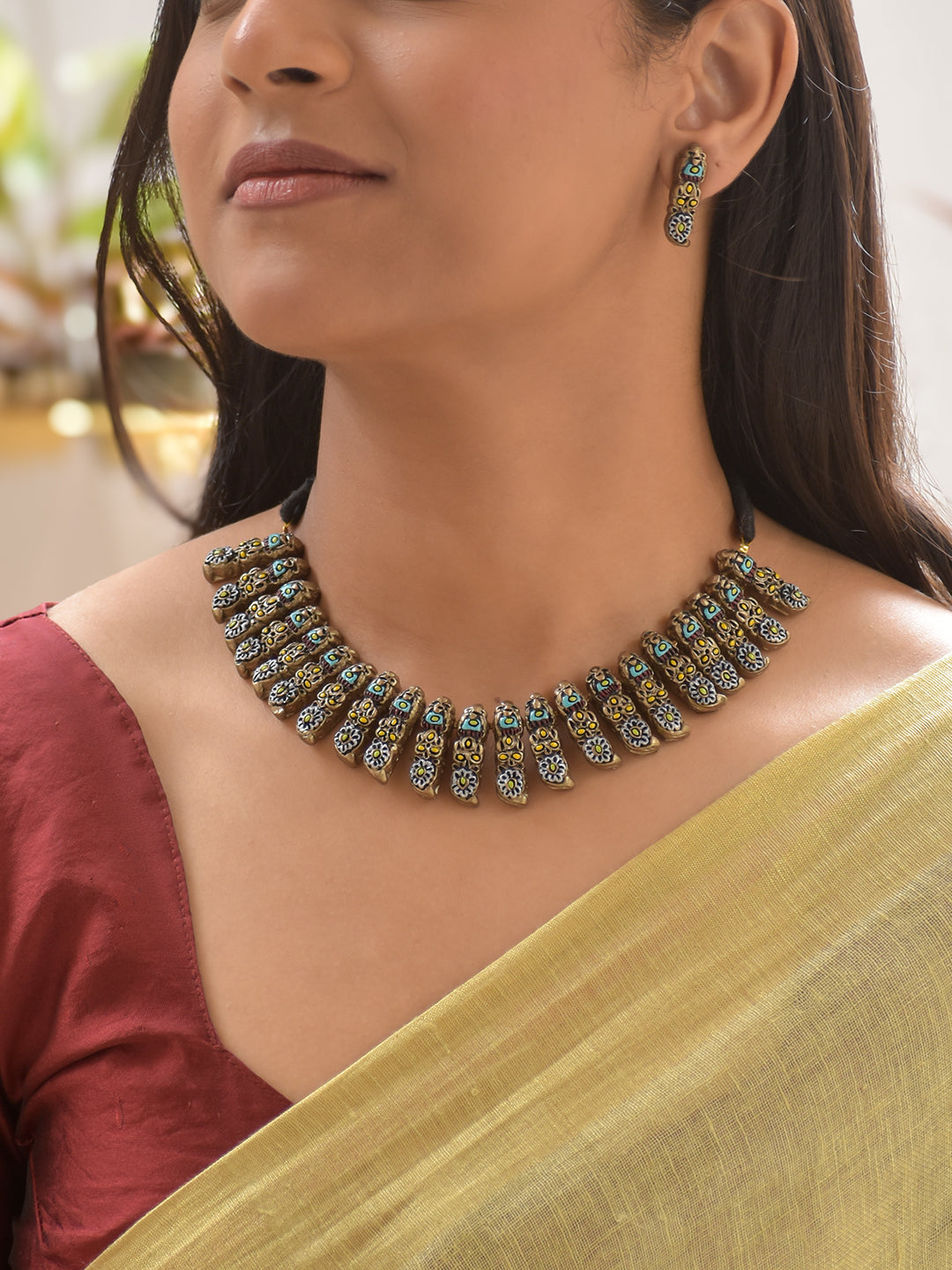 Terracotta Antique Black Floral Motif Necklace with Turquoise & Yellow Accents and Earrings
