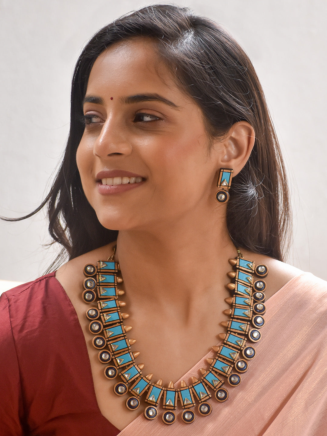 Handcrafted Contemporary Terracotta Jewellery Set in Blue, Gold & Black