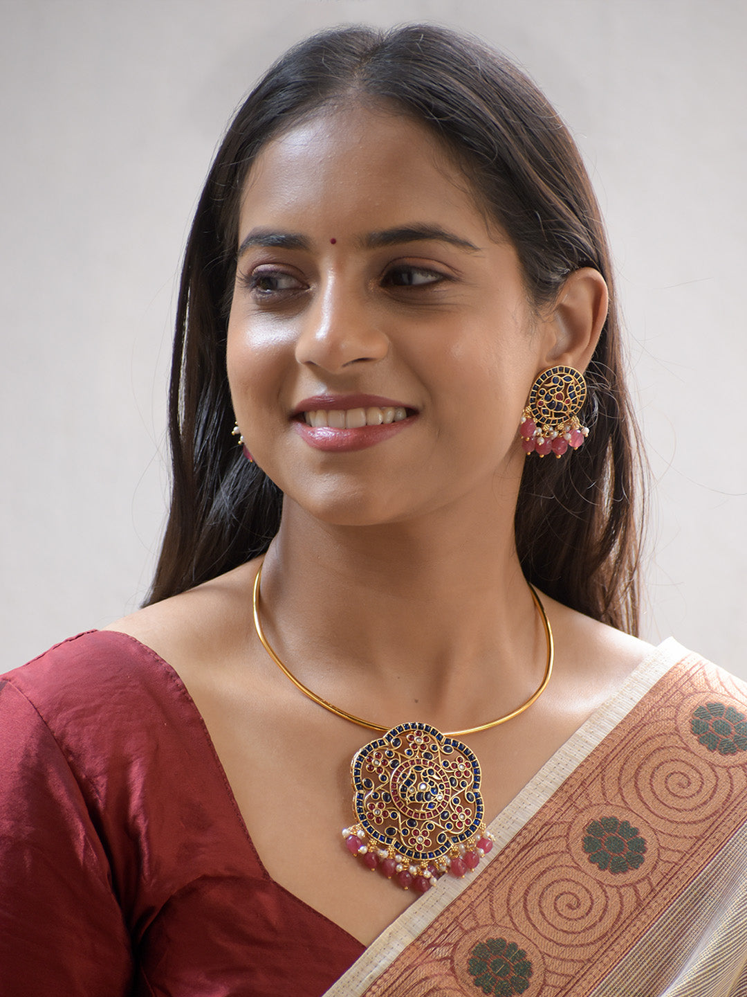 Premium Gold-Plated Floral Motif Necklace Set with Blue, Pink Agate, and Pearls