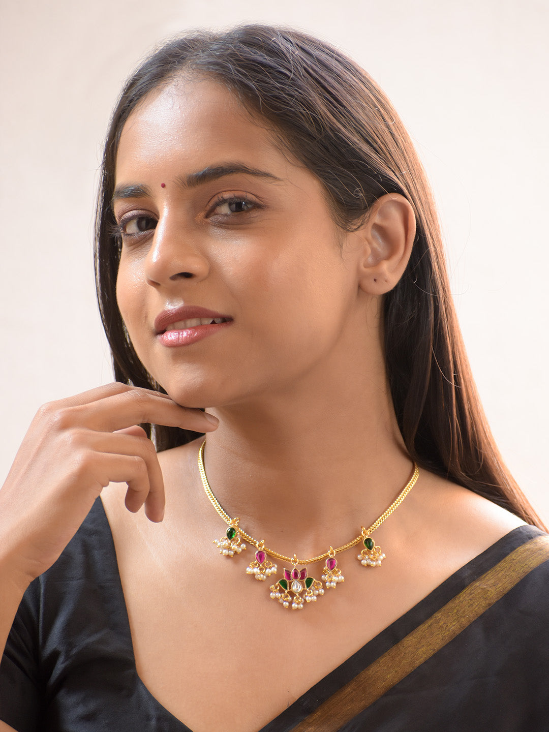 Premium Gold-Plated Jadau Kempu Floral Necklace with Kundan and Pearls