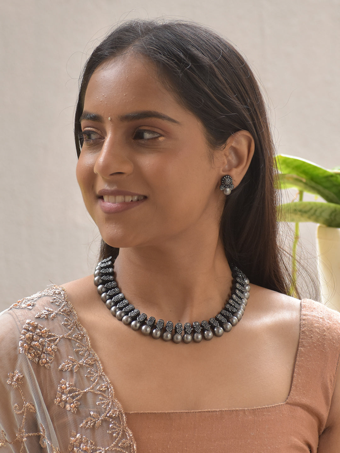 Rajniha - Elegant Oxidized Kolhapuri Beaded design in Silver color in Terracotta Beaded Necklace Set Stud Earrings