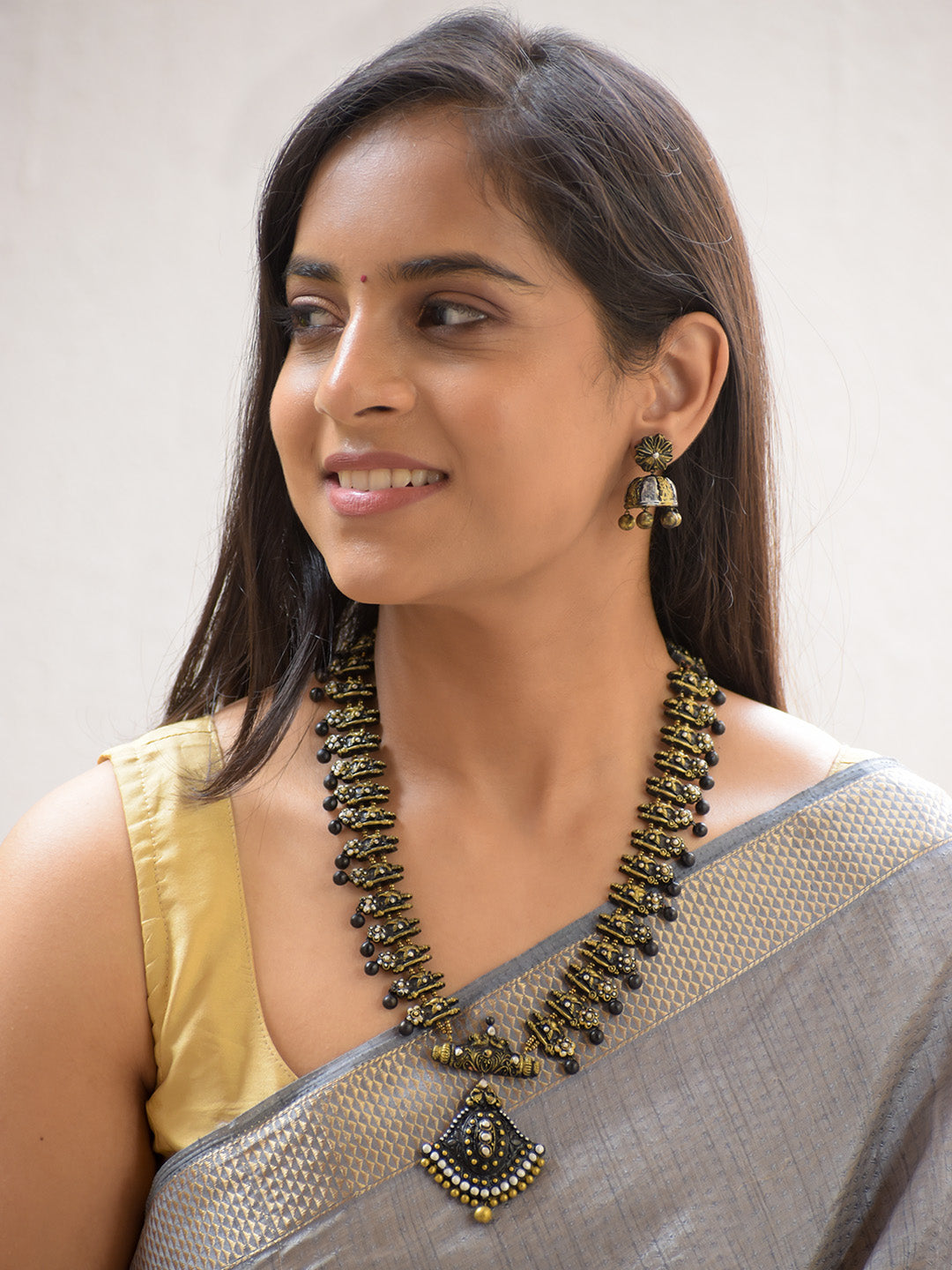 Handcrafted Antique Gold Black Beaded Temple Pendant Necklace Set with Floral Earrings