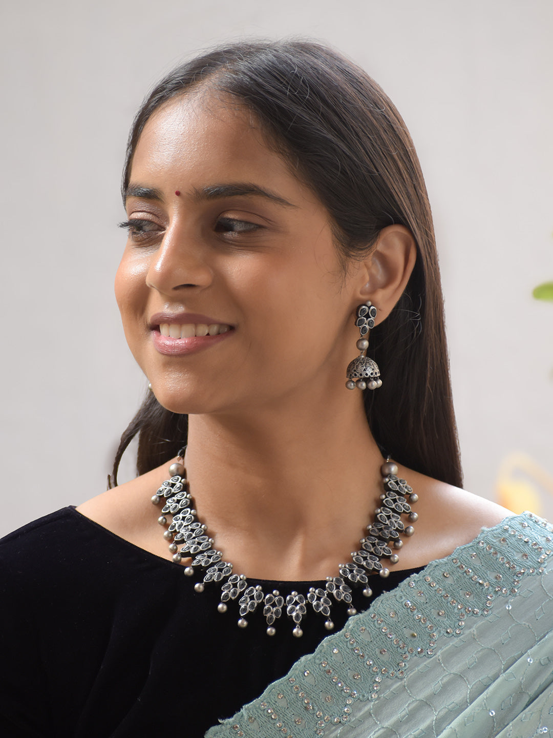 Silver and Black Leaf Design Handmade Terracotta Necklace Set