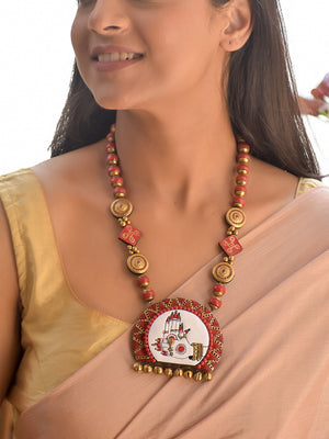 Select Style_No Earring (Only Necklace) | Terracotta Red Beaded Necklace with Hand-Painted Tribal Village Pendant