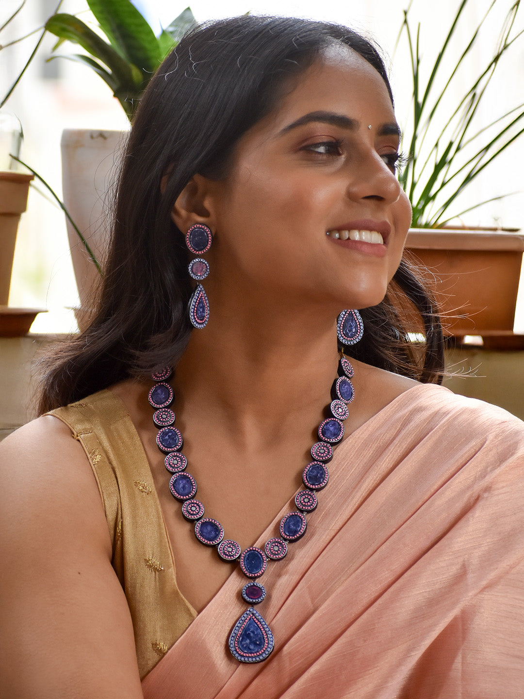 Beautifully Handcrafted Geometric Terracotta Jewellery Set in Purple, Pink & Silver