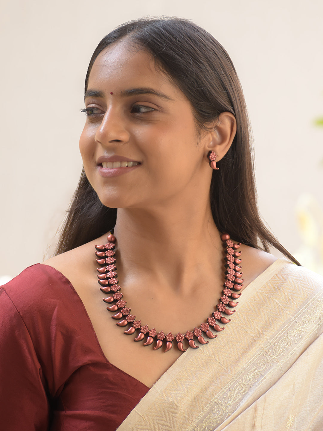 Copper Finish Flower Mango Design Handmade Terracotta Necklace Set