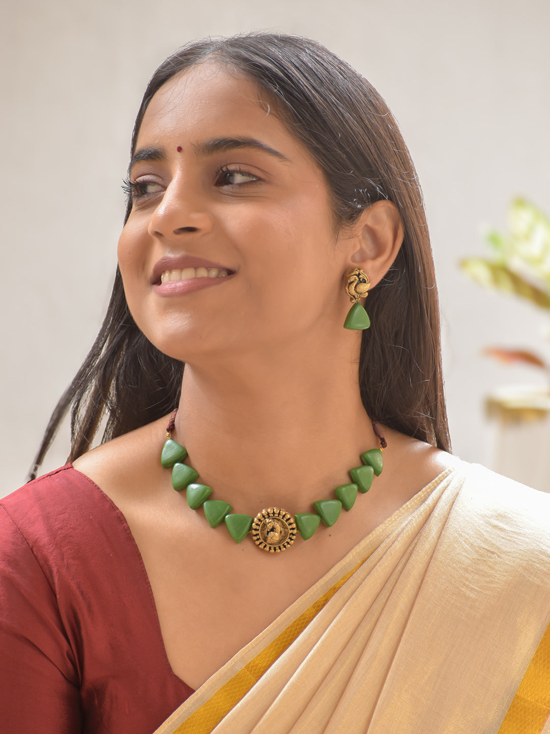 Terracotta Red Triangular Beads Necklace with Peacock Coin Pendant & Matching Earrings