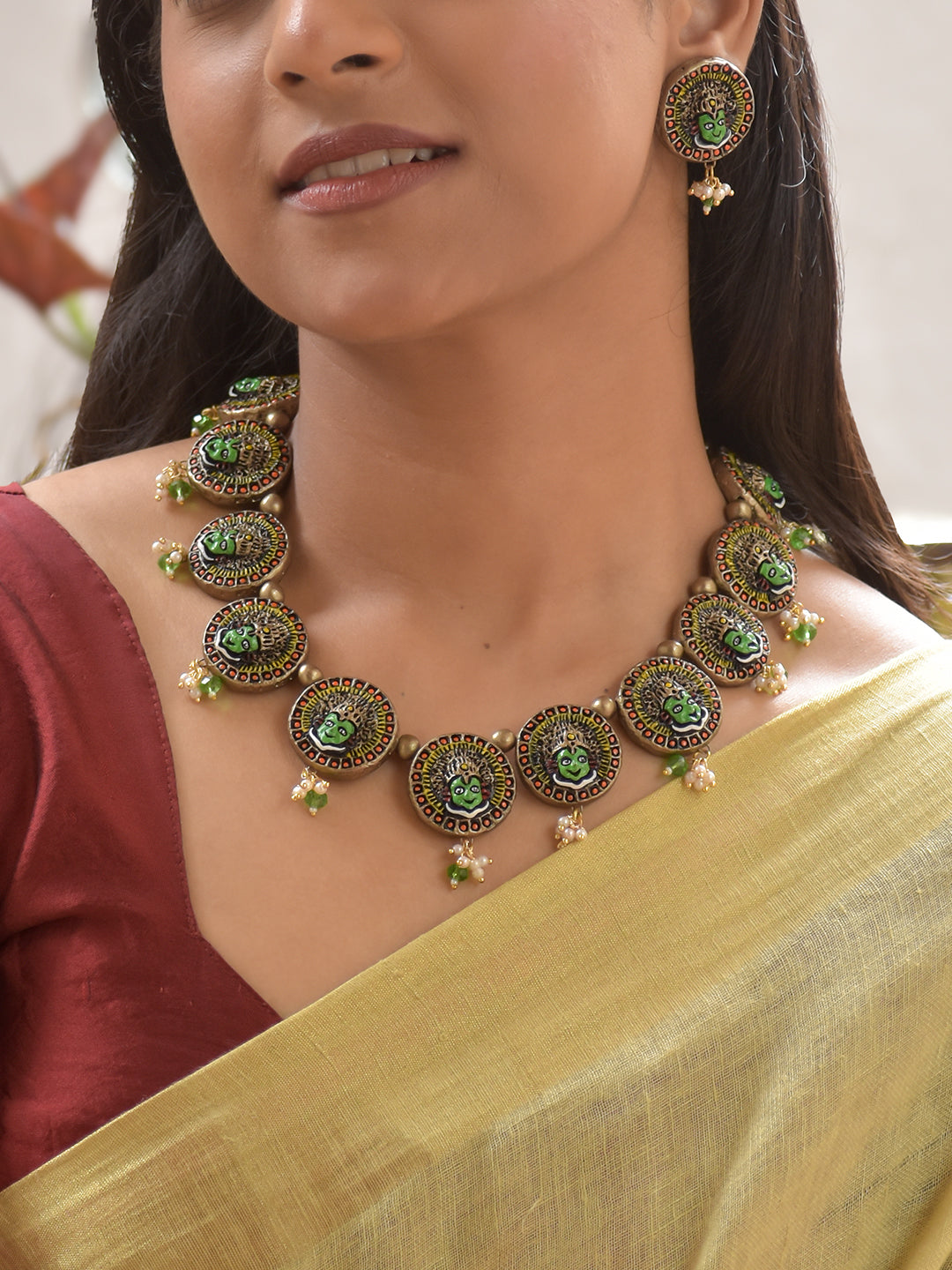 Terracotta Kathakali Face Necklace with Green Accents & Earrings