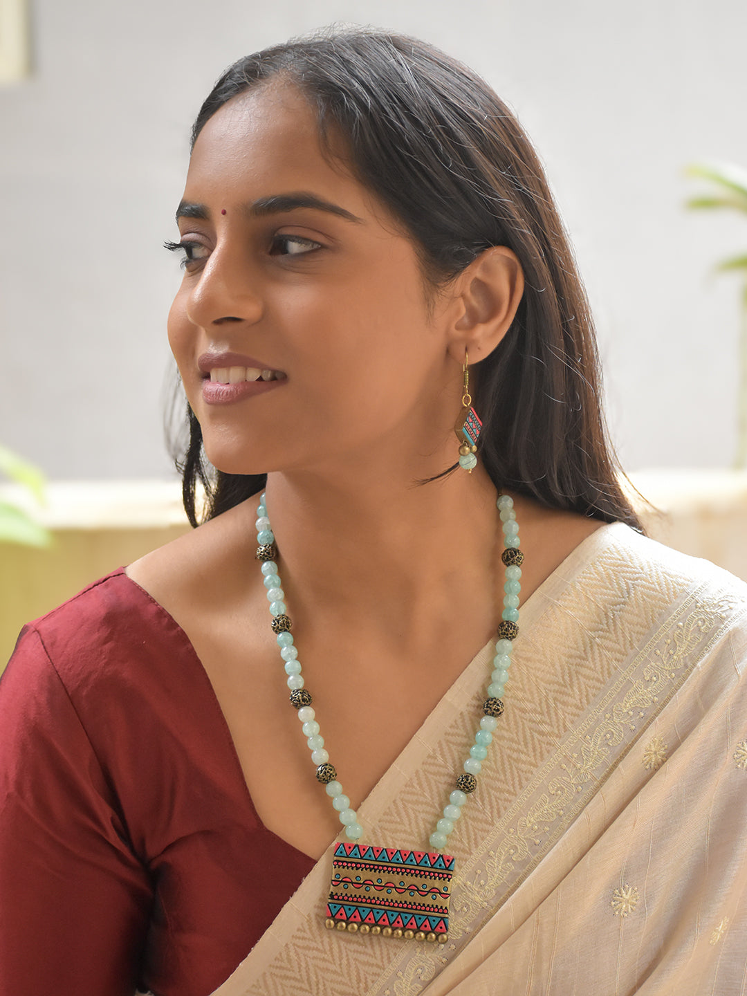 Handcrafted Terracotta Tribal Necklace Set with Aqua Blue Beads and Matching Earrings