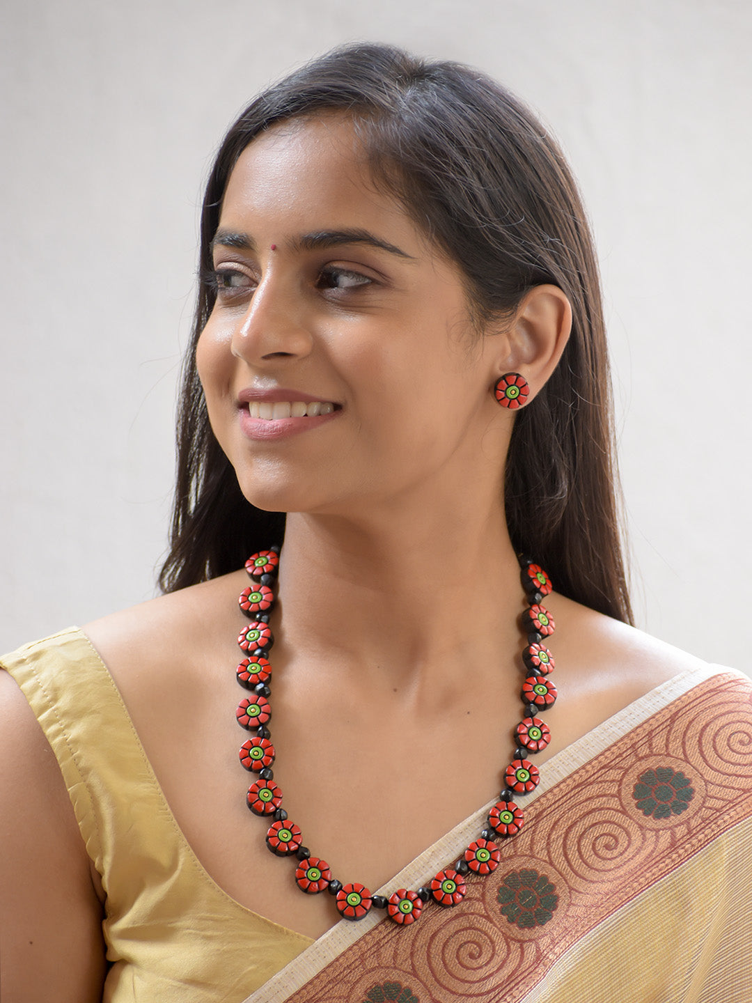 Handcrafted Red Floral Terracotta Jewellery Set with Black Beads