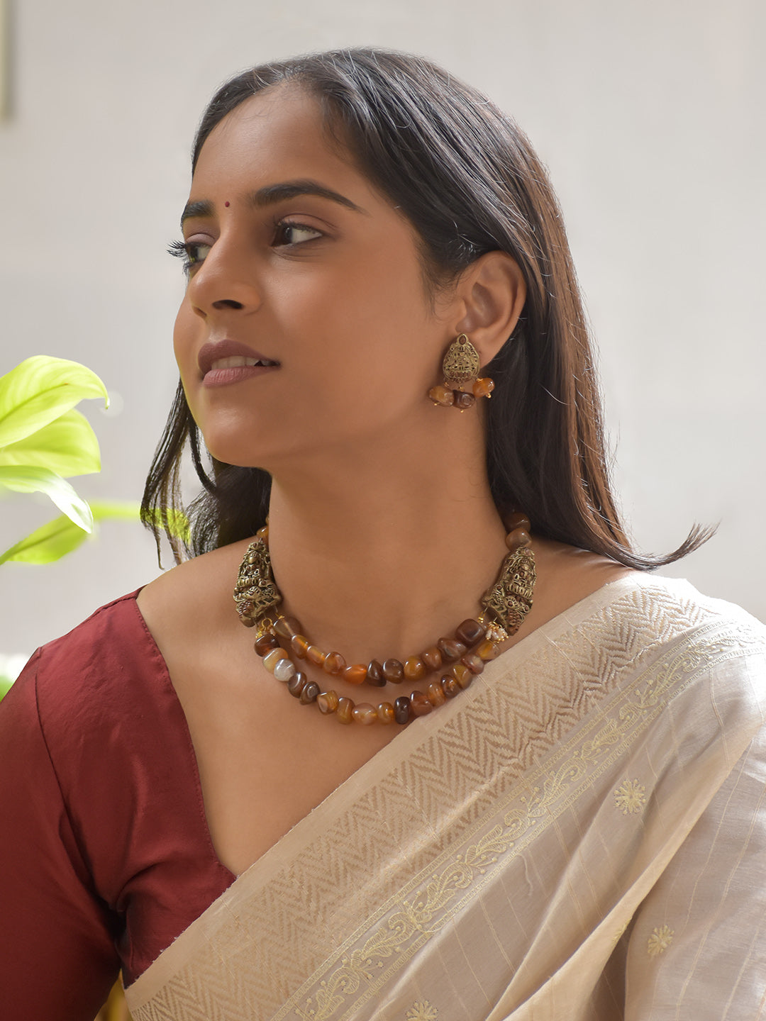 Handcrafted Terracotta Lakshmi Necklace Set with Dual-Layer Carnelian Beads and Matching Earrings