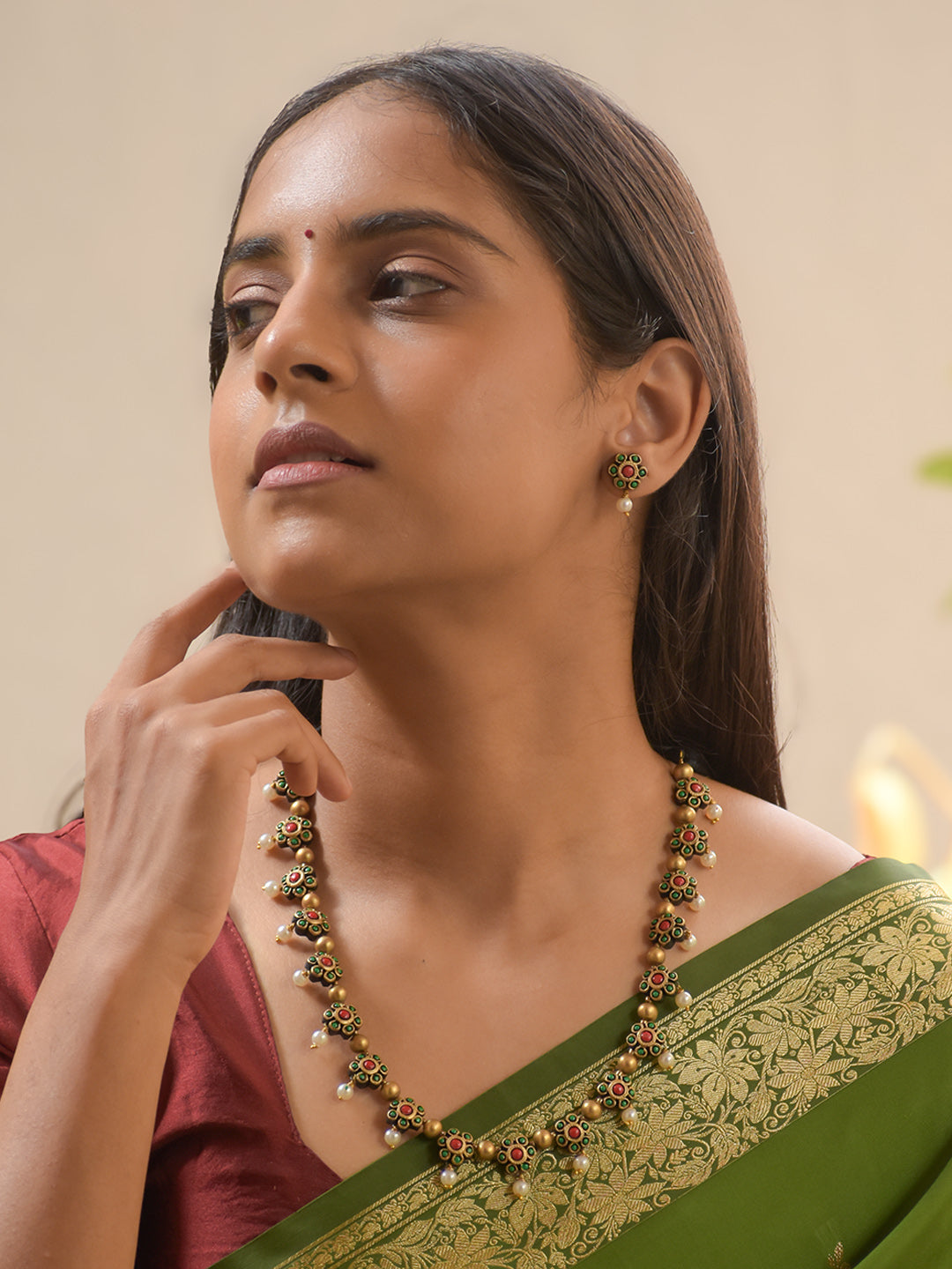 Antique Gold Green and Red Flower Design Handmade Terracotta Necklace Set with Pearls