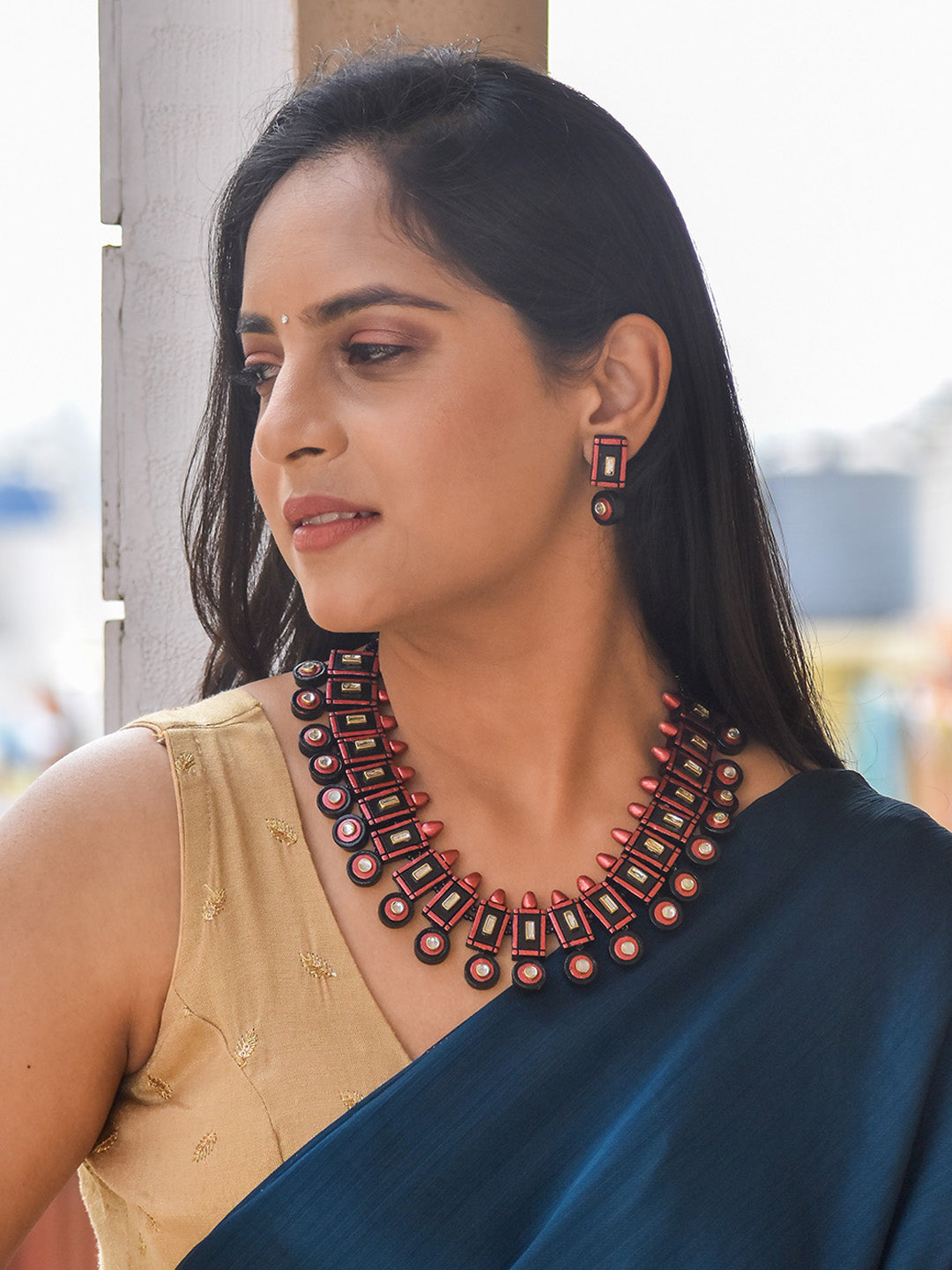 Beautifully Handcrafted Geometric Terracotta Jewellery Set in Copper & Black with Kundan Stones