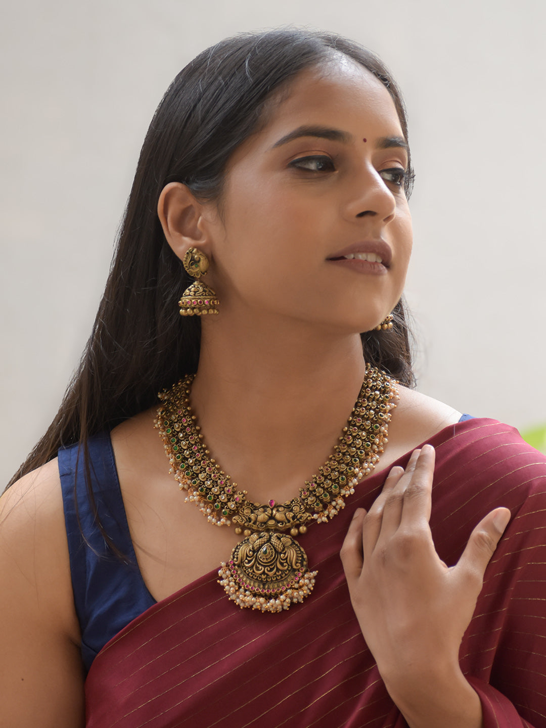 Mayuraja - Handcrafted Antique Peacock Motif Terracotta Necklace Set with Kemp Stones in Red Green and Pearl Fringe Design and Matching Earrings