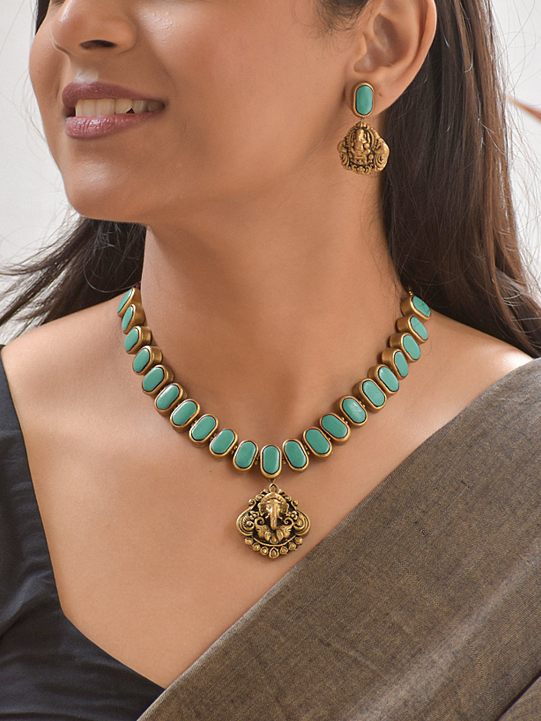 Terracotta Turquoise Oval Bead Necklace with Ganesha Pendant & Earrings