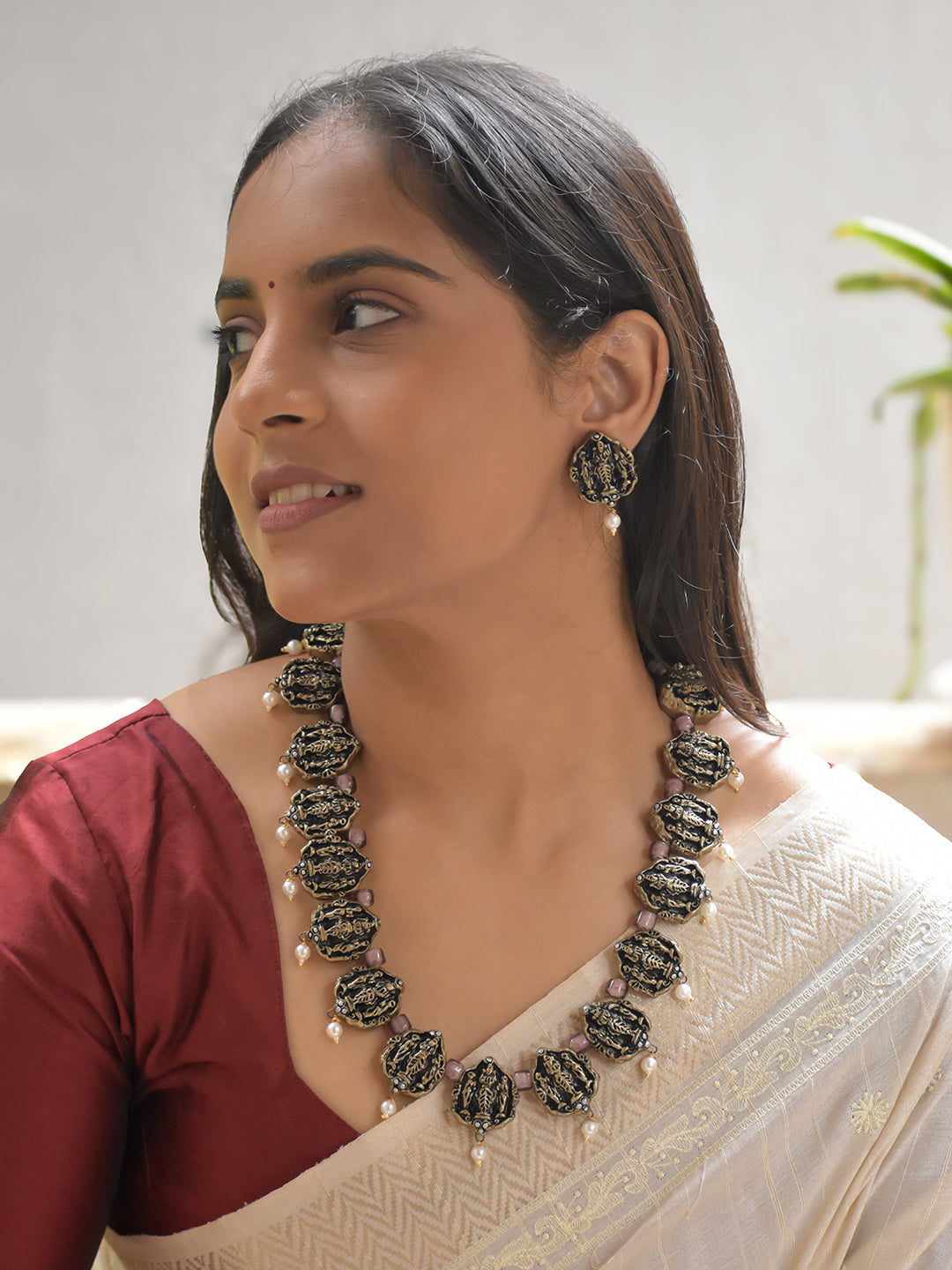 Handcrafted Terracotta Lord Venkateshwara Necklace Set with Antique Gold Beads, Purple Accents, and Pearl Drops