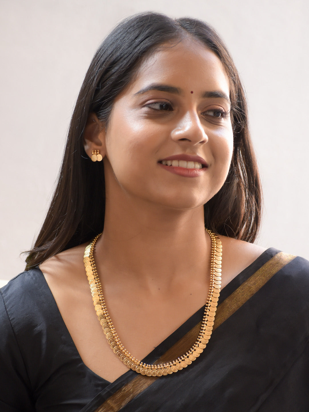 Traditional Gold-Plated Kasu Mala Necklace with Matching Earrings