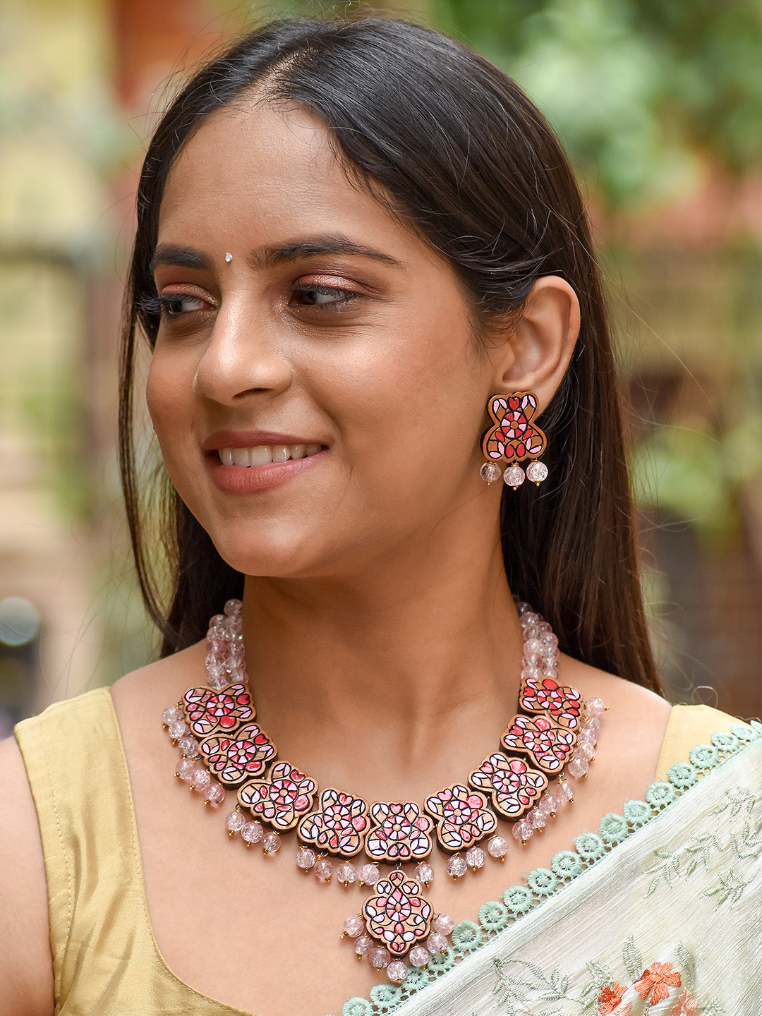 Beautifully Handcrafted Floral Terracotta Jewellery Set in Pink & Gold