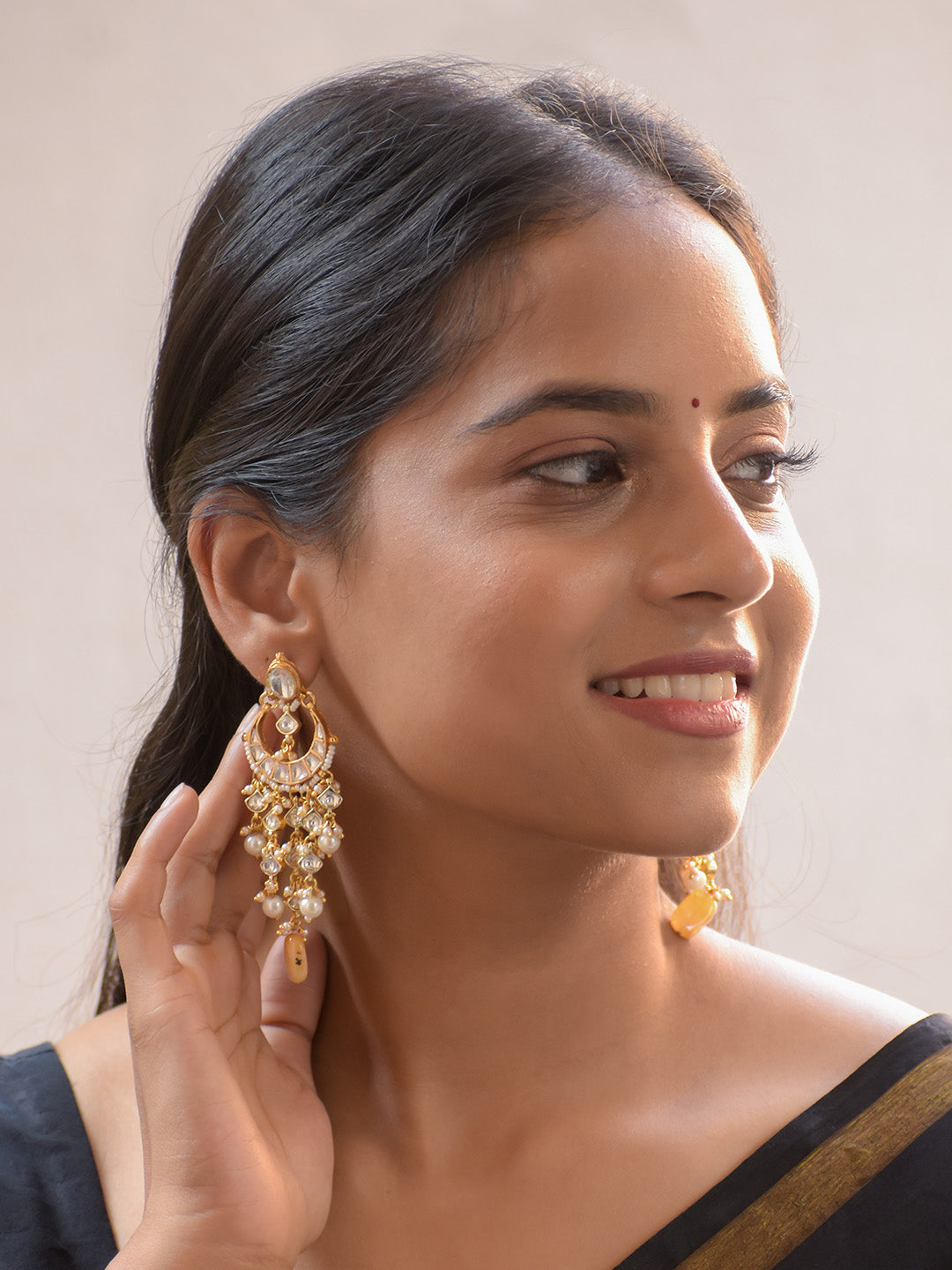 Premium Crafted 18K Gold Plated Bridal Kundan Chandbali Earrings with Gemstone and Pearl Drops