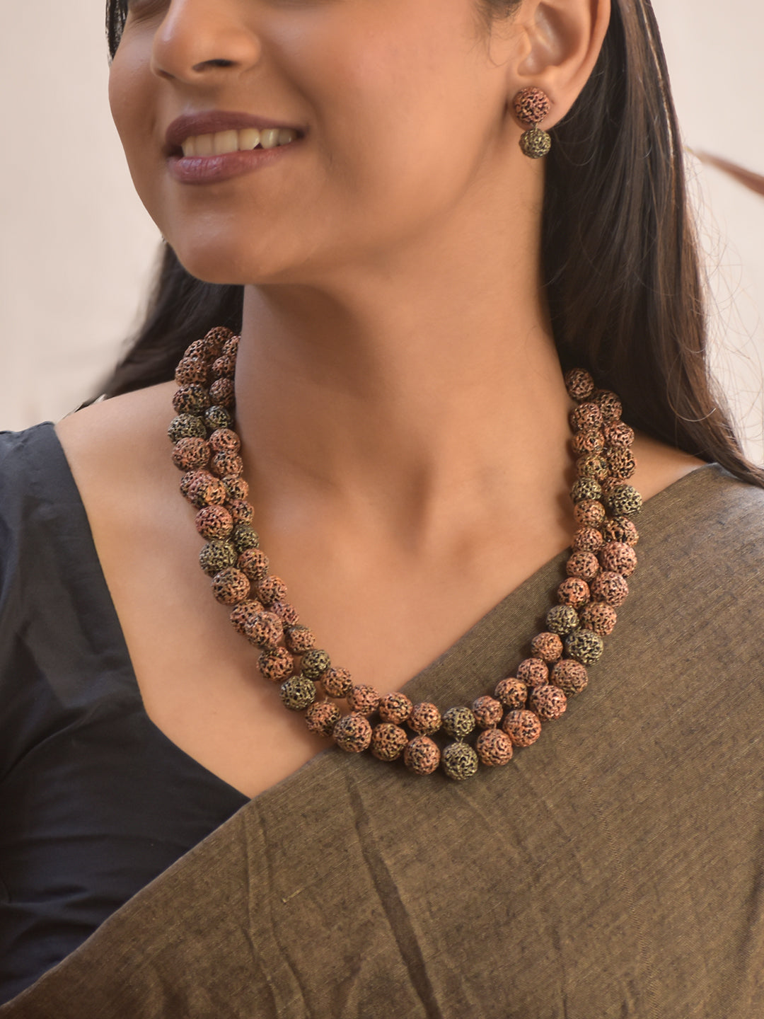 Terracotta Brown Textured Bead Necklace with Matching Earrings